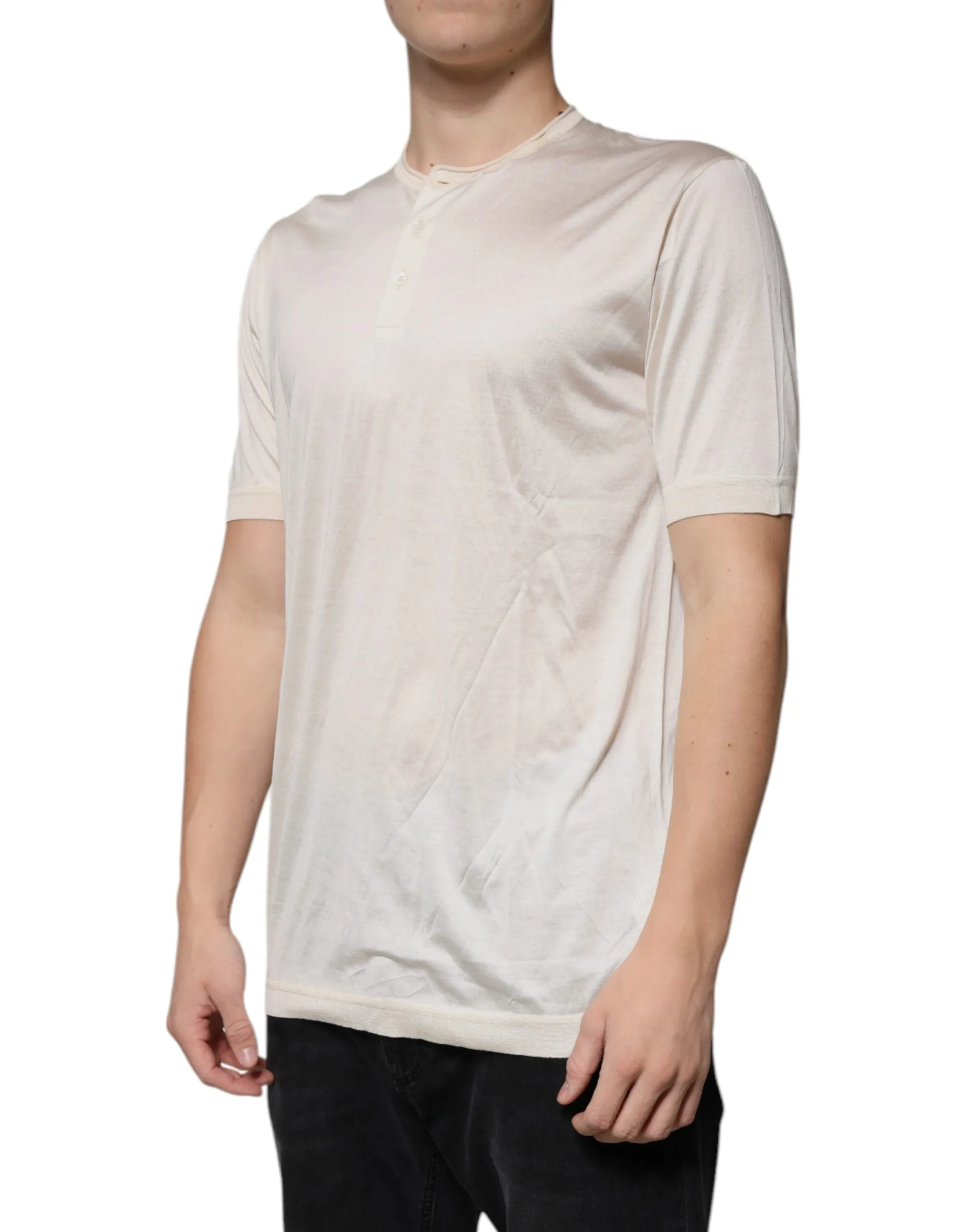 Dolce & Gabbana Off White Silk Henley Short Sleeves T-Shirt sold by Siebentaschen product image thumbnail 3
