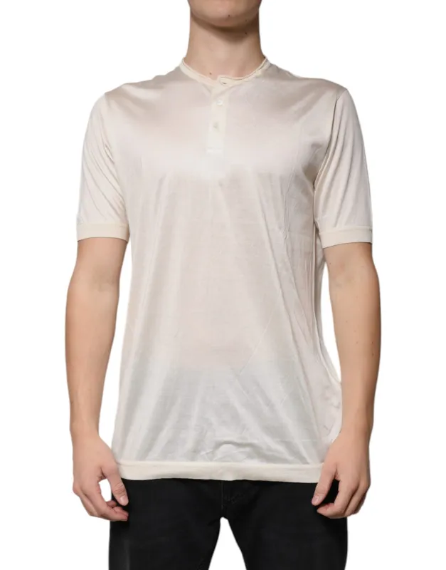 Dolce & Gabbana Off White Silk Henley Short Sleeves T-Shirt made by Siebentaschen