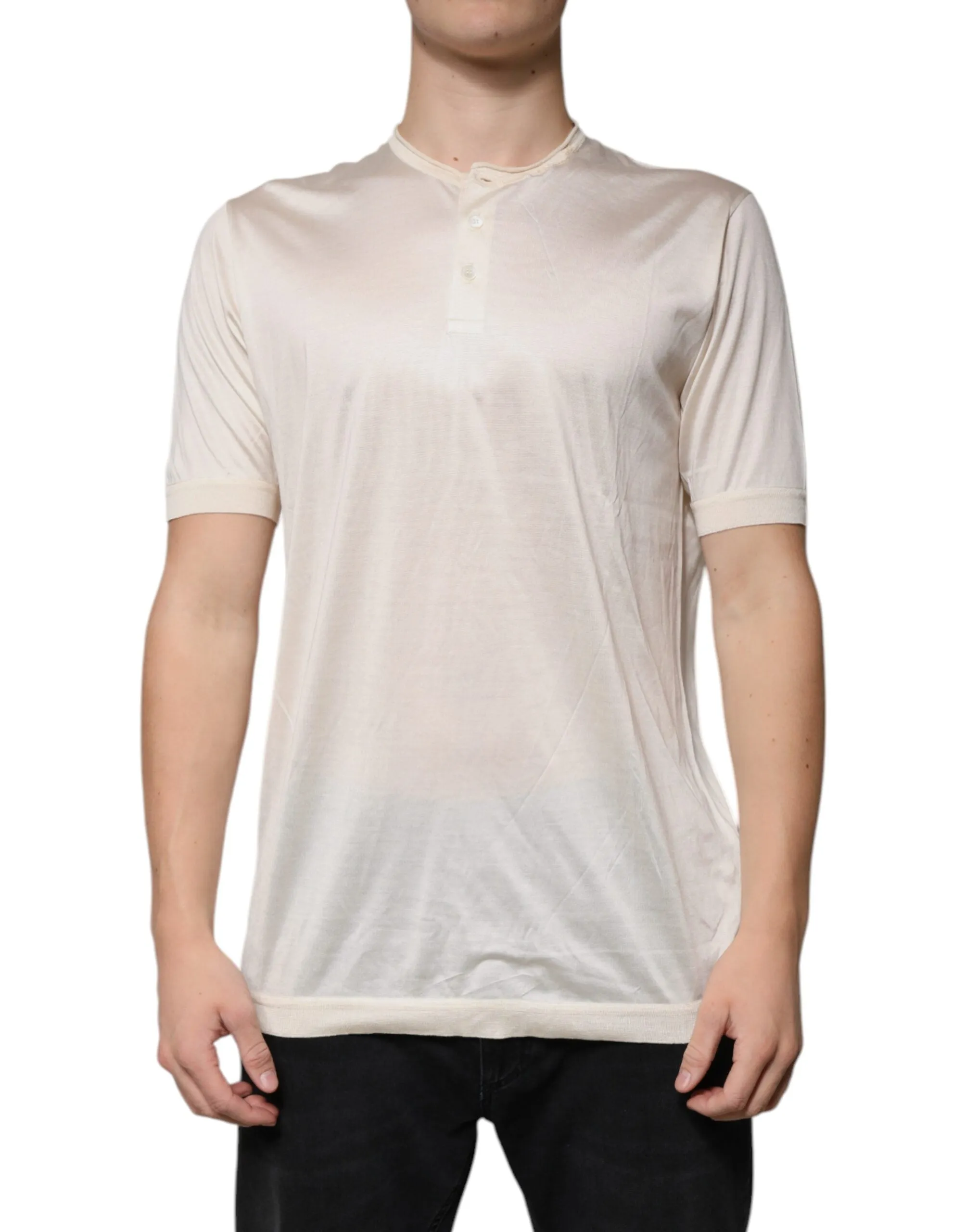 Dolce & Gabbana Off White Silk Henley Short Sleeves T-Shirt sold by Siebentaschen