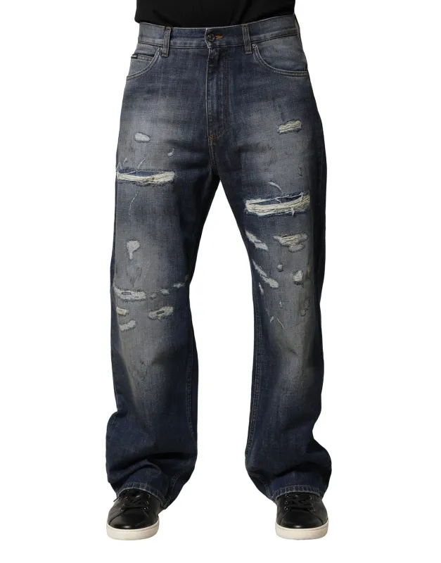 Dolce & Gabbana Blue Tattered Cotton Straight Men Denim Jeans sold by Siebentaschen