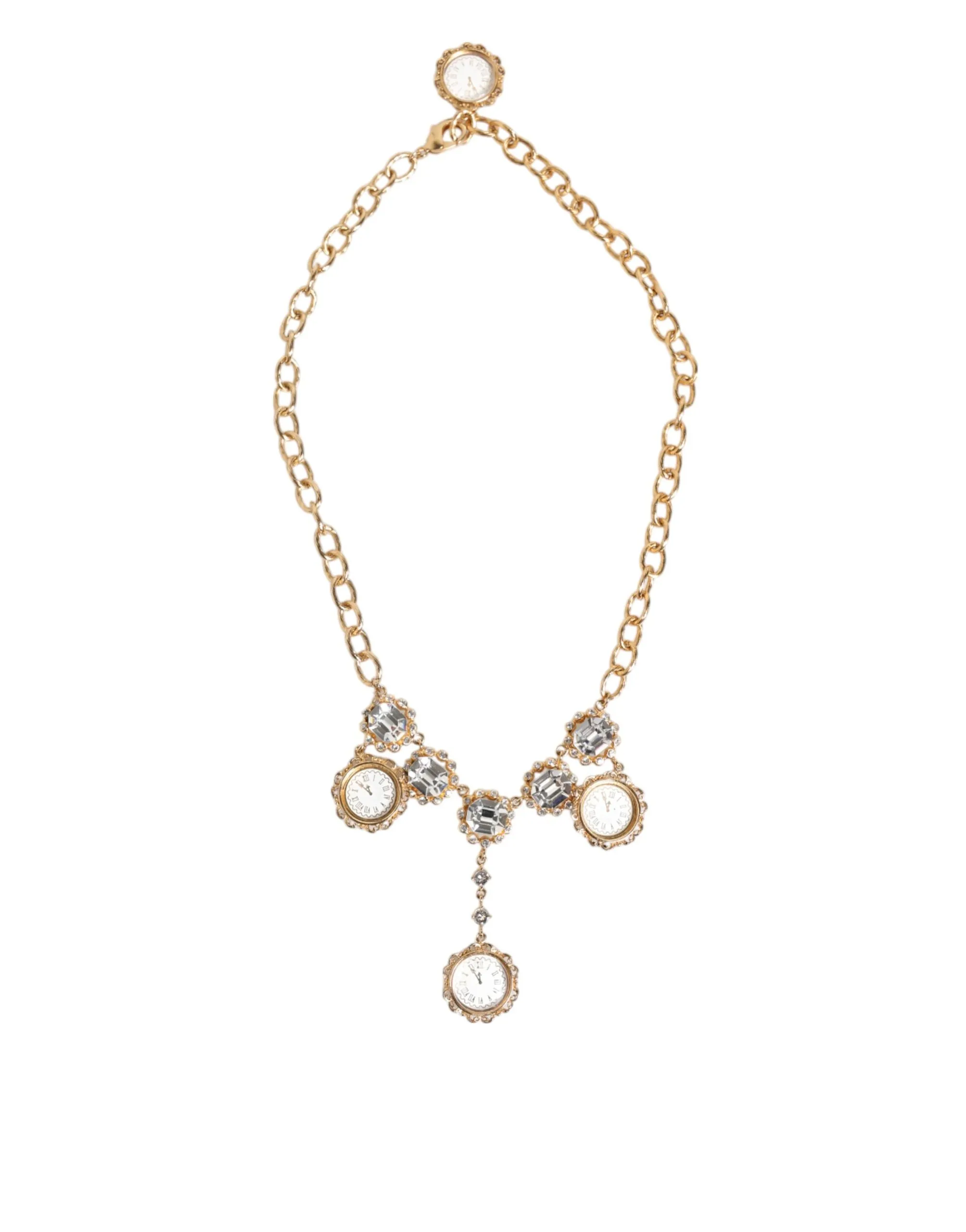 Dolce & Gabbana Gold Crystal Clock Pendant Statement Jewelry Necklace sold by Siebentaschen