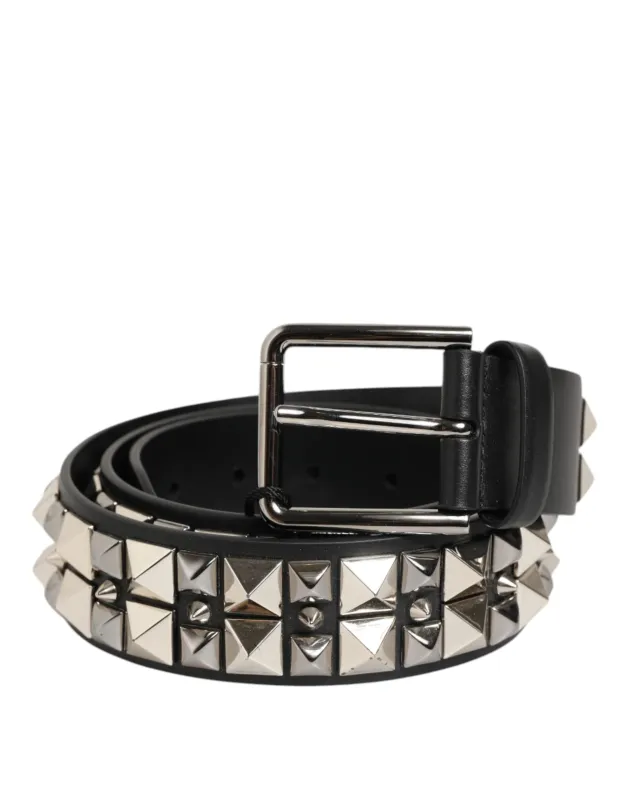 Dolce & Gabbana Black Calf Leather Studded Silver Buckle Belt sold by Siebentaschen