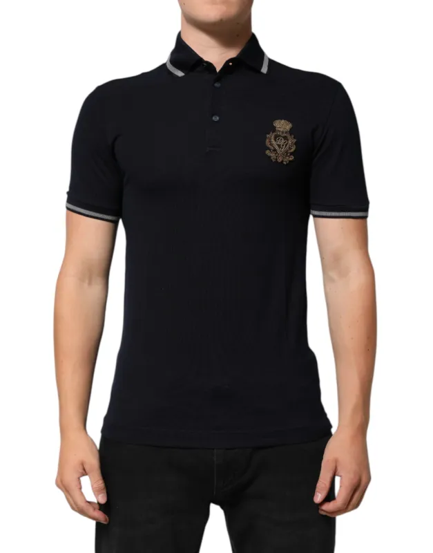 Dolce & Gabbana Navy Blue Cotton Crown Crest Logo Men T-Shirt sold by Siebentaschen