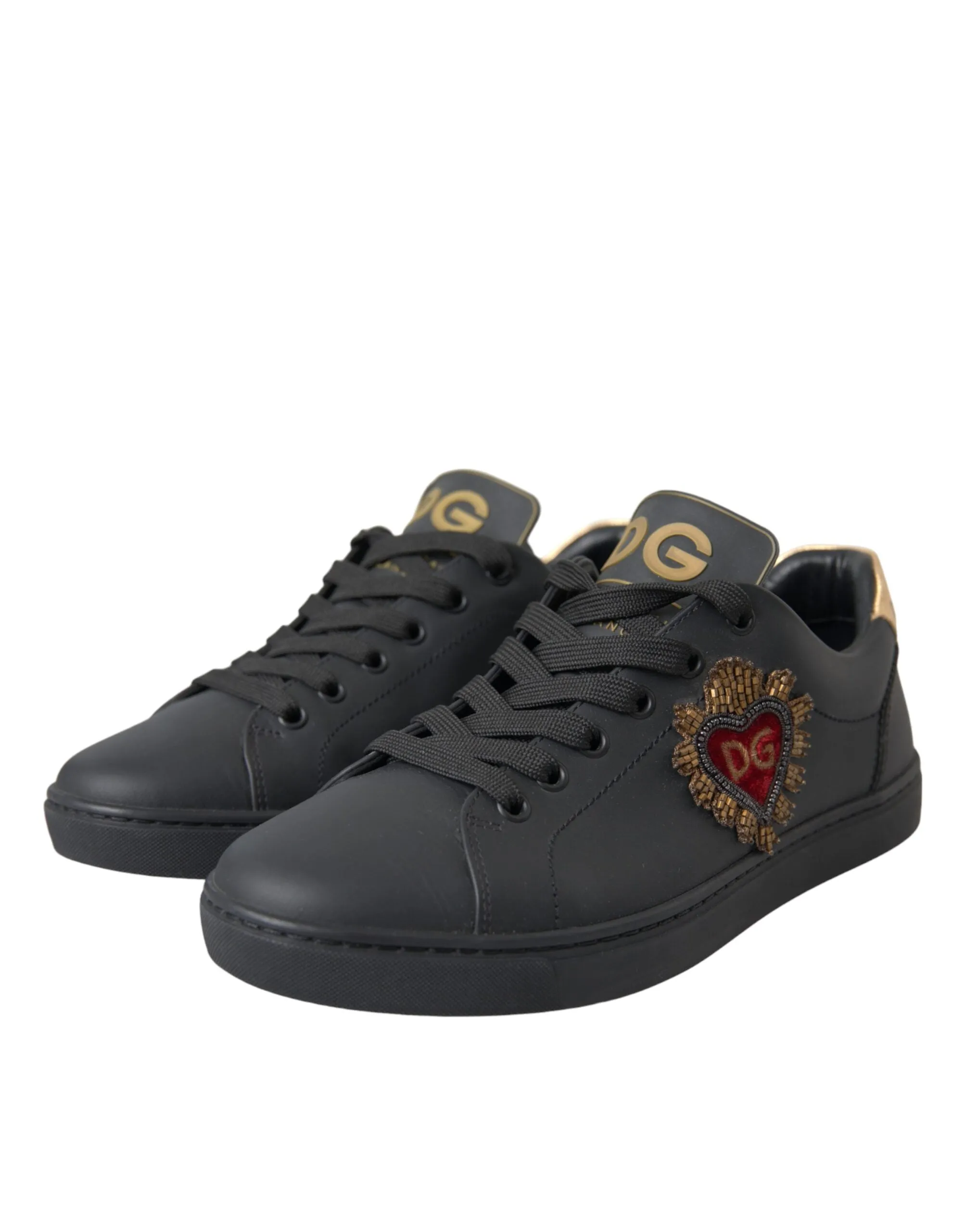 Dolce & Gabbana Black Leather Heart Embellished Sneakers Shoes sold by Siebentaschen product image thumbnail 3