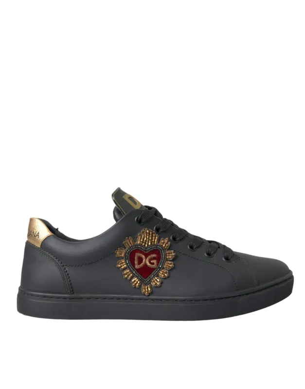 Dolce & Gabbana Black Leather Heart Embellished Sneakers Shoes sold by Siebentaschen