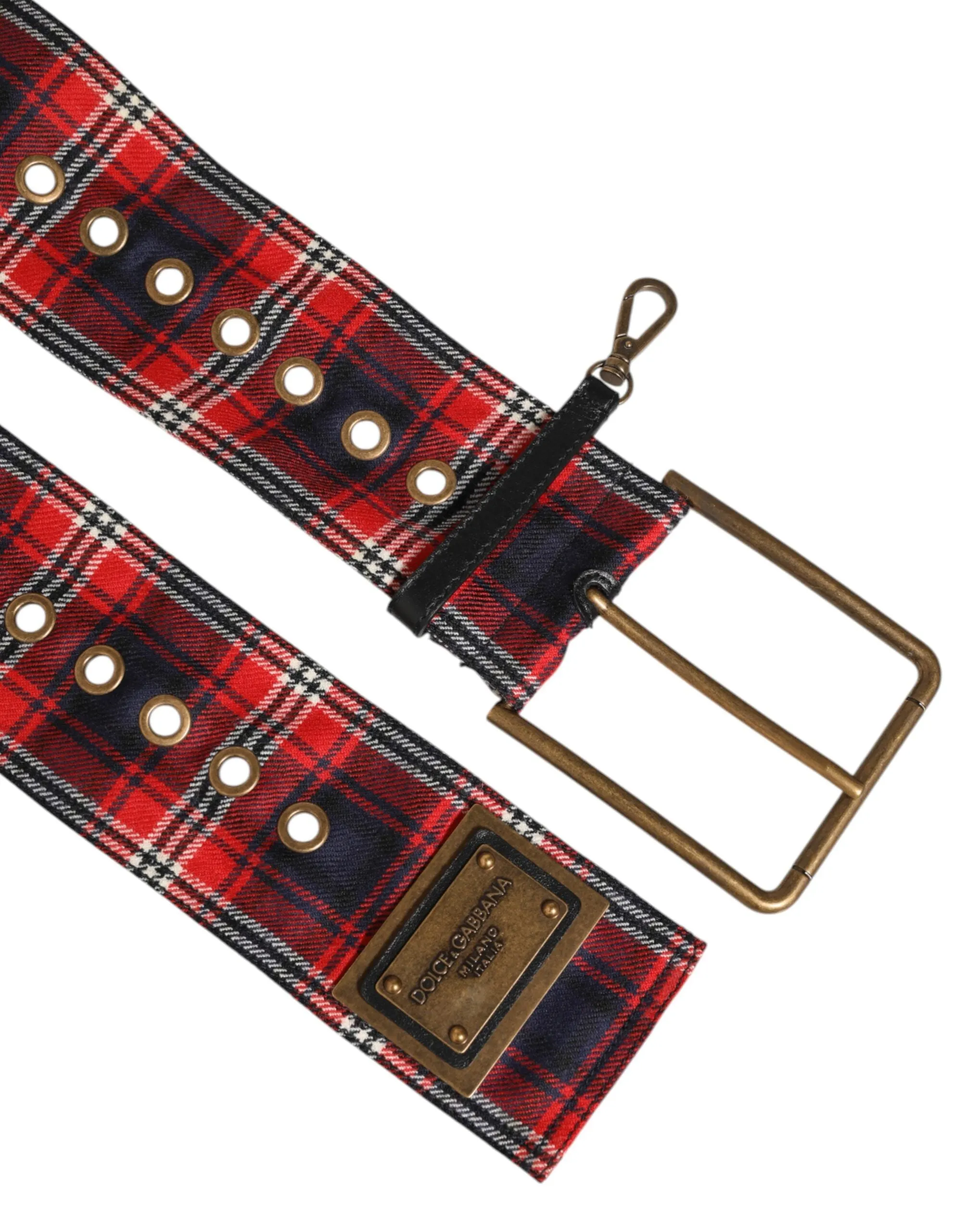 Dolce & Gabbana Red Plaid Fabric Logo Plate Brass Buckle Belt sold by Siebentaschen product image thumbnail 3