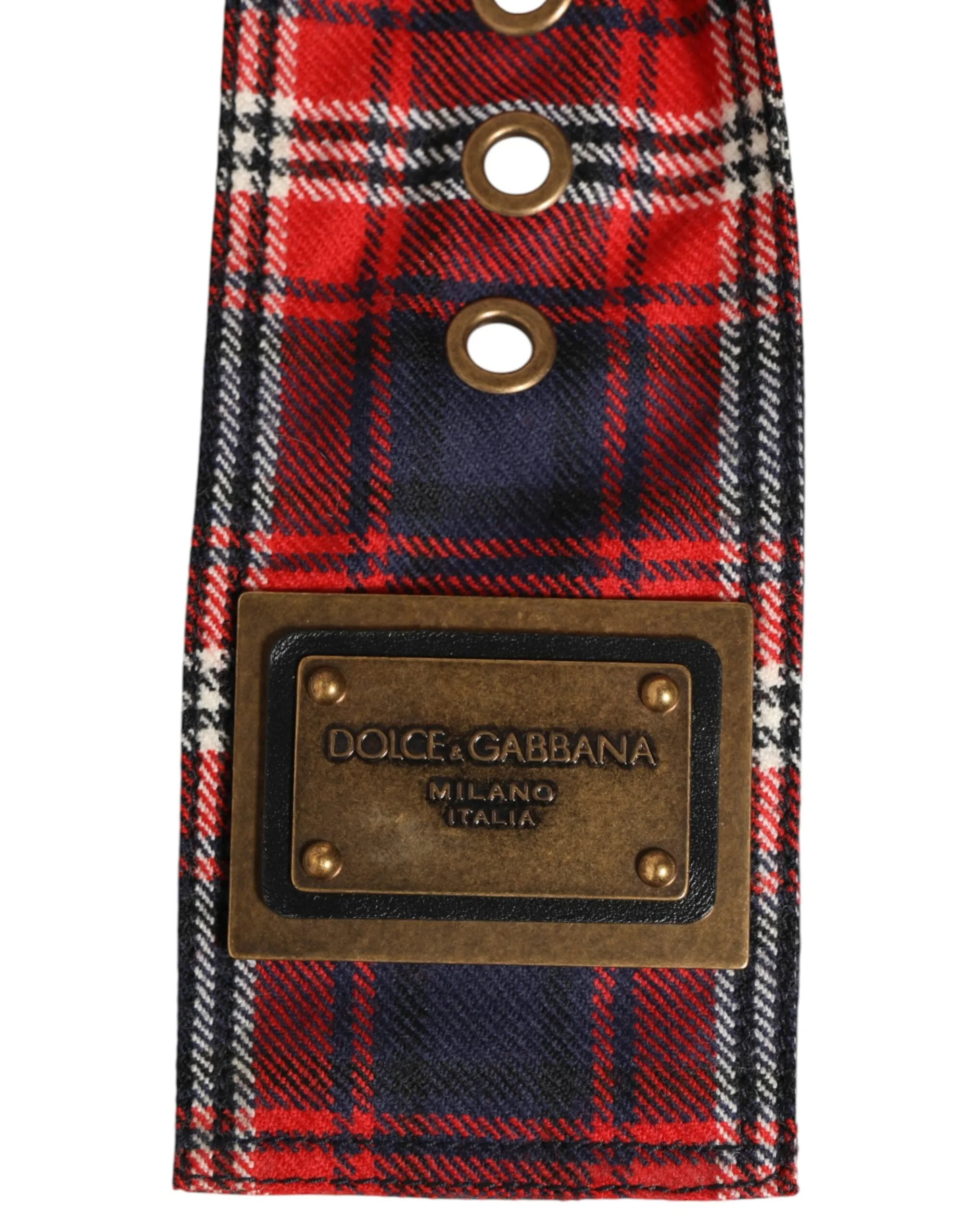 Dolce & Gabbana Red Plaid Fabric Logo Plate Brass Buckle Belt sold by Siebentaschen product image thumbnail 4