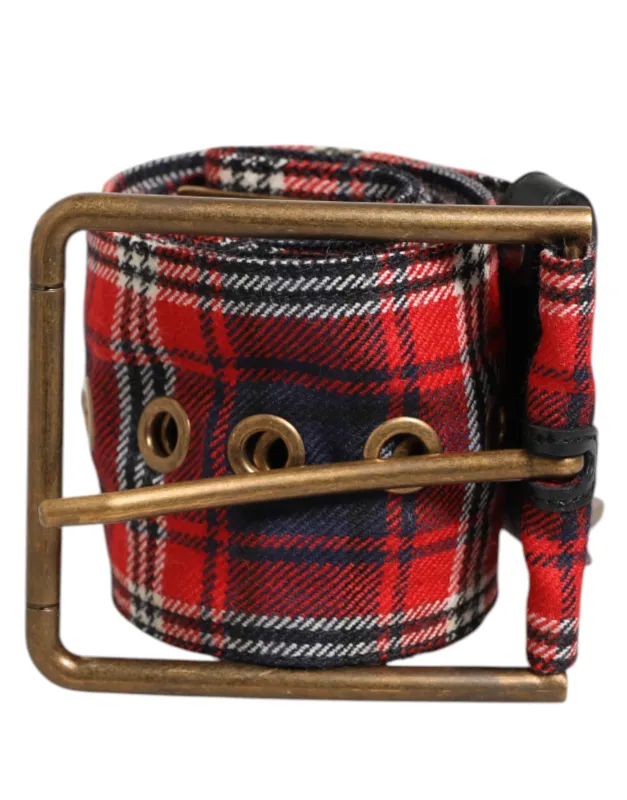 Dolce & Gabbana Red Plaid Fabric Logo Plate Brass Buckle Belt made by Siebentaschen