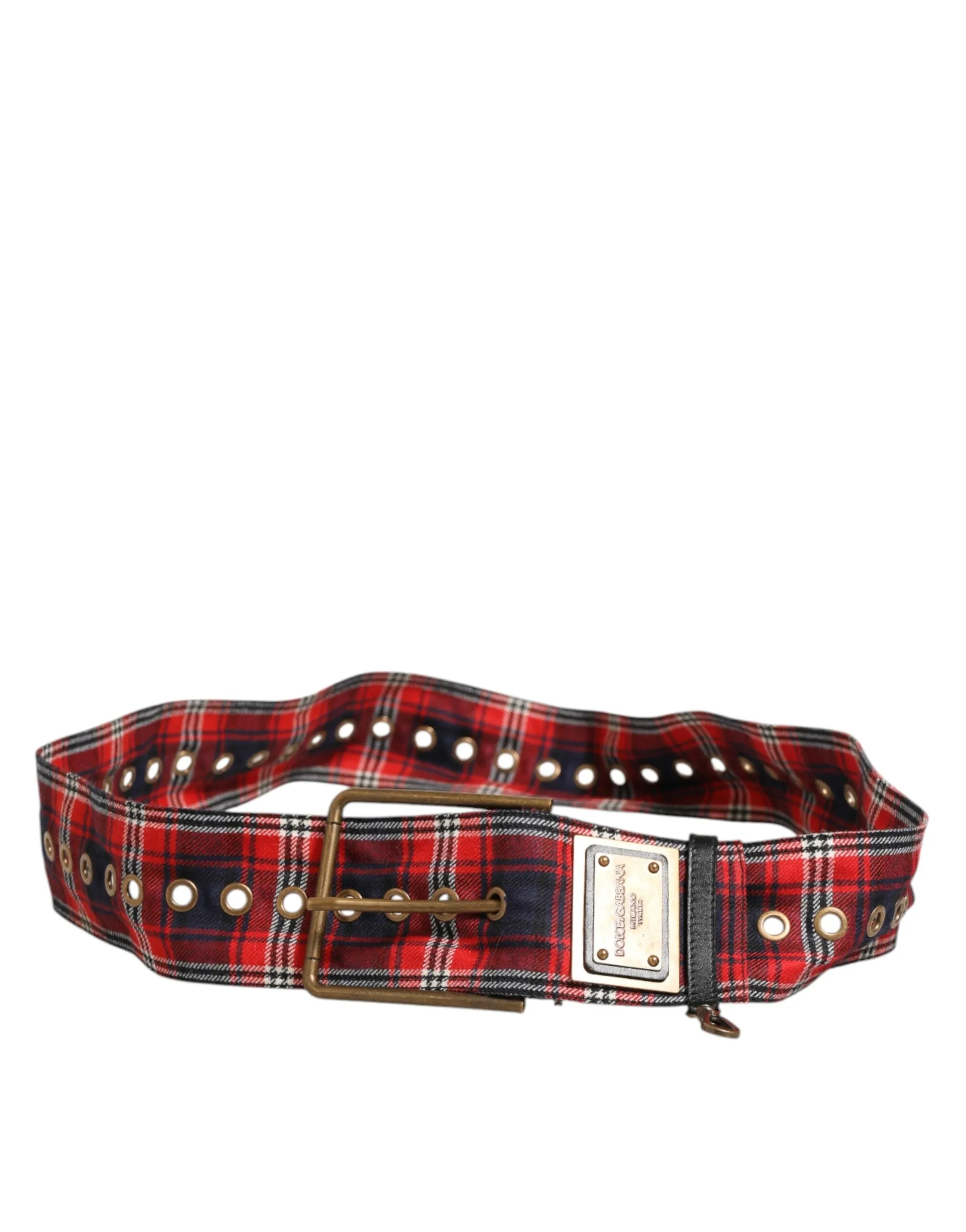 Dolce & Gabbana Red Plaid Fabric Logo Plate Brass Buckle Belt sold by Siebentaschen product image thumbnail 5