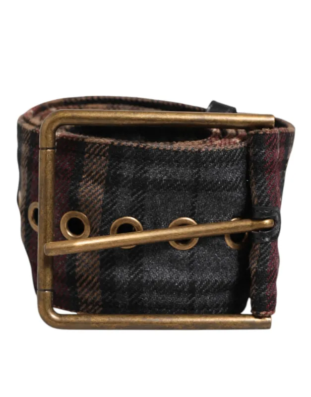 Dolce & Gabbana Plaid Fabric Logo Plate Brass Buckle Belt sold by Siebentaschen