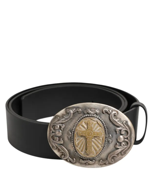 Dolce & Gabbana Black Leather Ornate Metal Buckle Men Belt sold by Siebentaschen