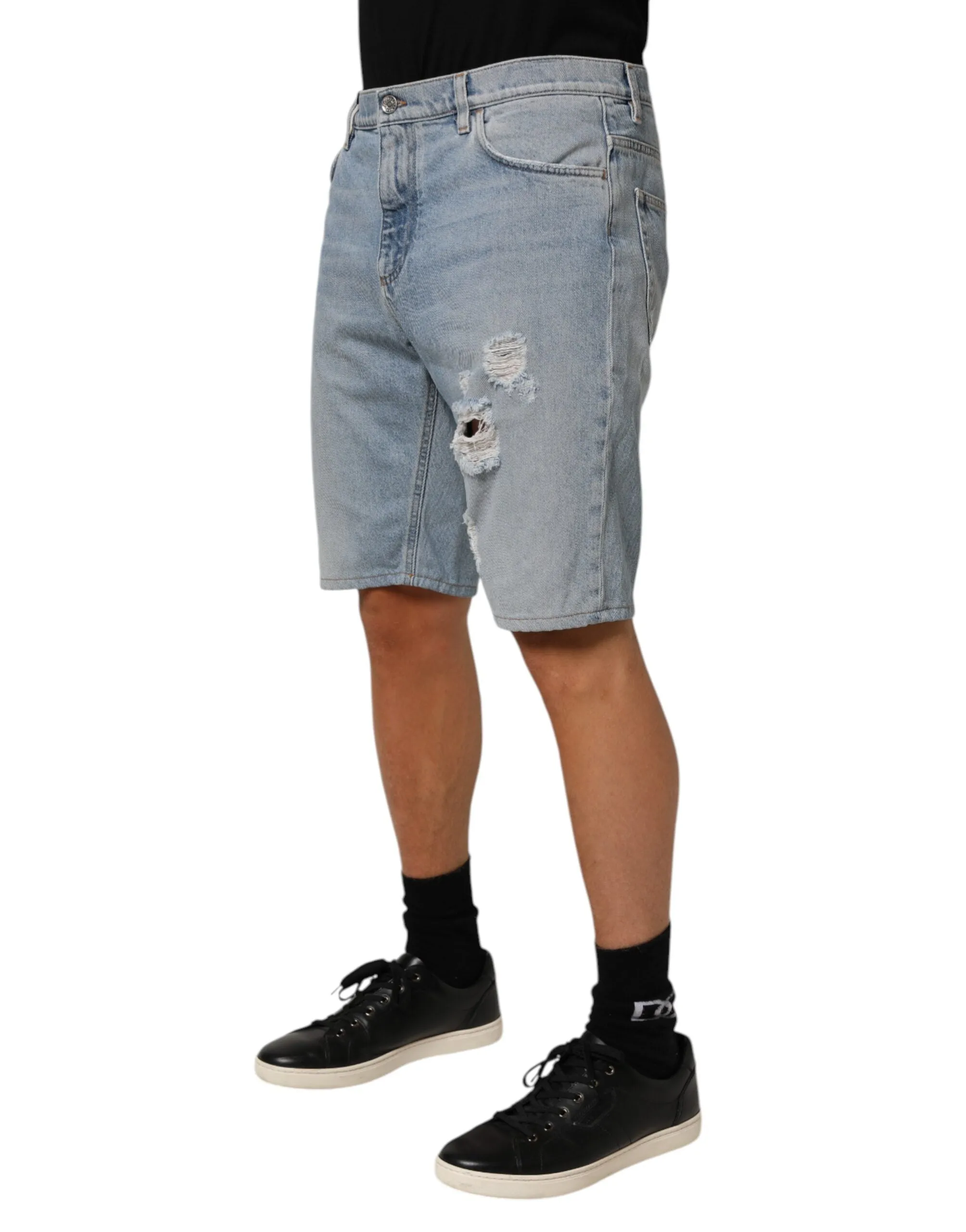 Dolce & Gabbana Blue Cotton Distressed Denim Bermuda Shorts sold by Siebentaschen product image thumbnail 3