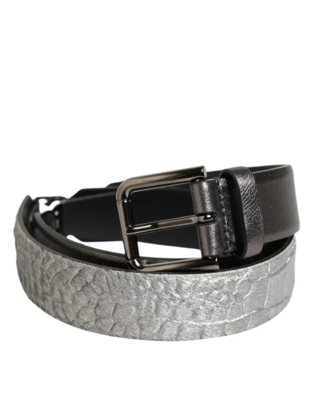 Dolce & Gabbana Black Silver Pebbled Texture Leather Buckle Men Belt sold by Siebentaschen