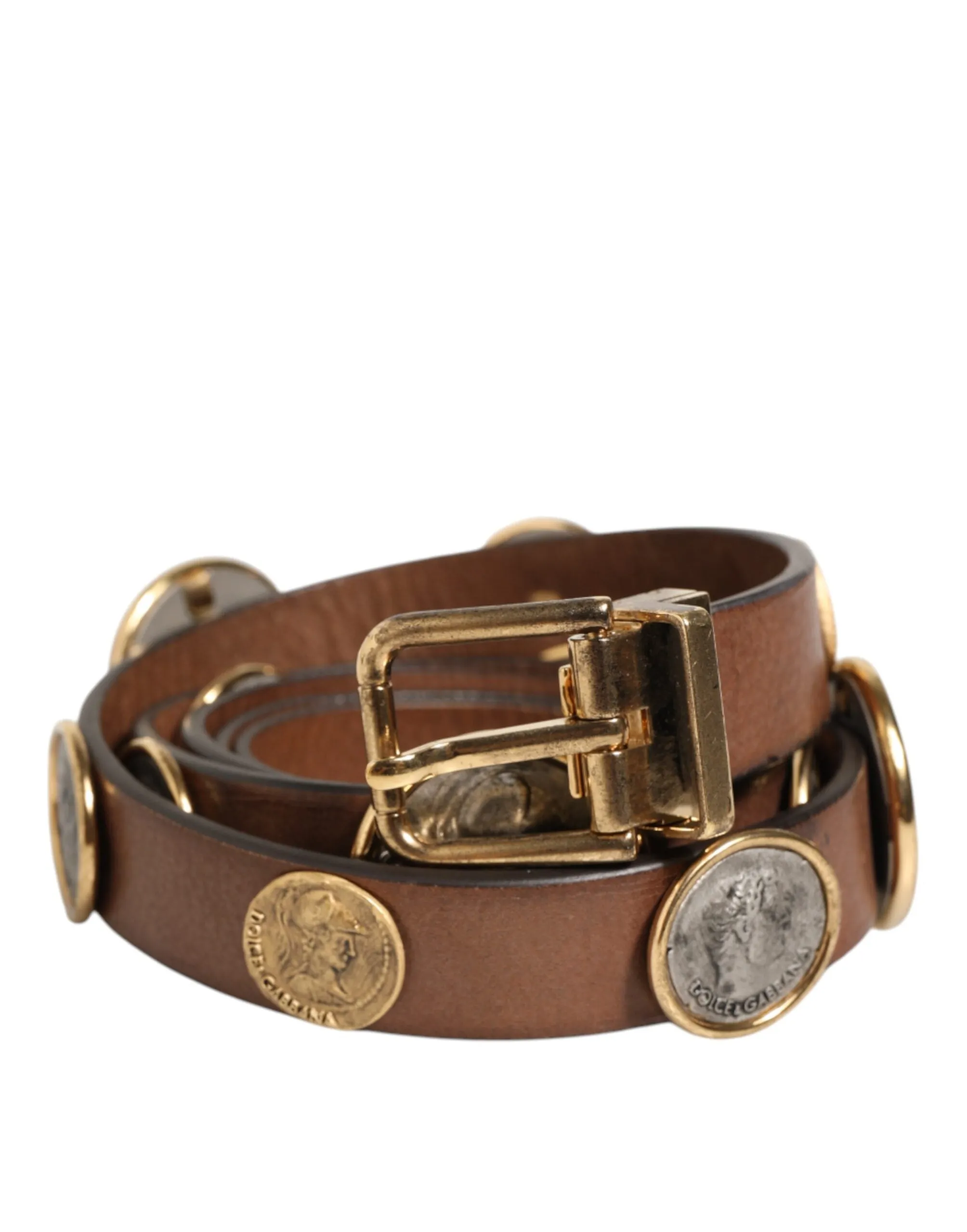 Dolce & Gabbana Brown Leather Gold Silver Coin Buckle Belt sold by Siebentaschen