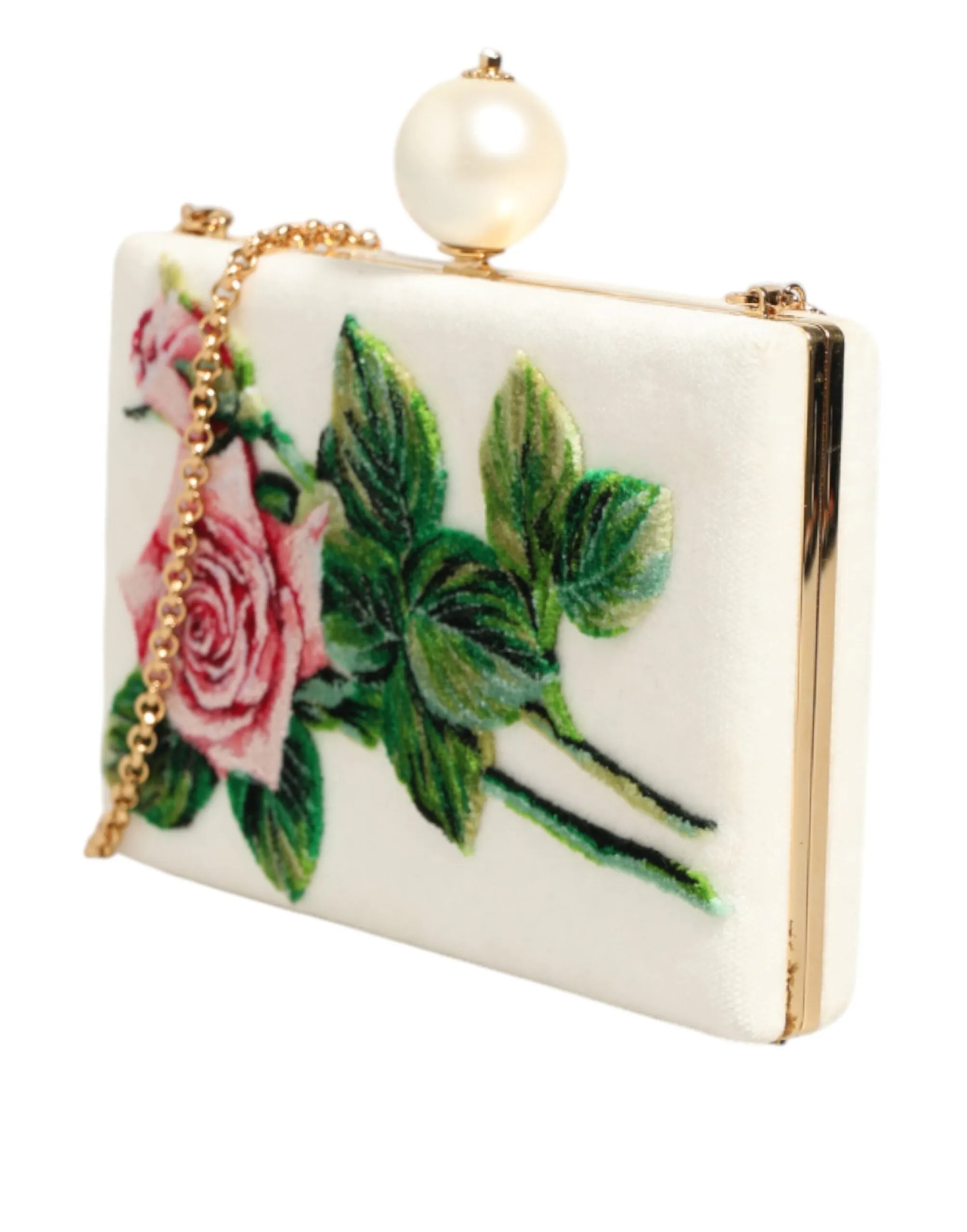 Dolce & Gabbana White Rose Embroidery Silk Gold Frame Clutch Purse Bag sold by Siebentaschen product image thumbnail 5