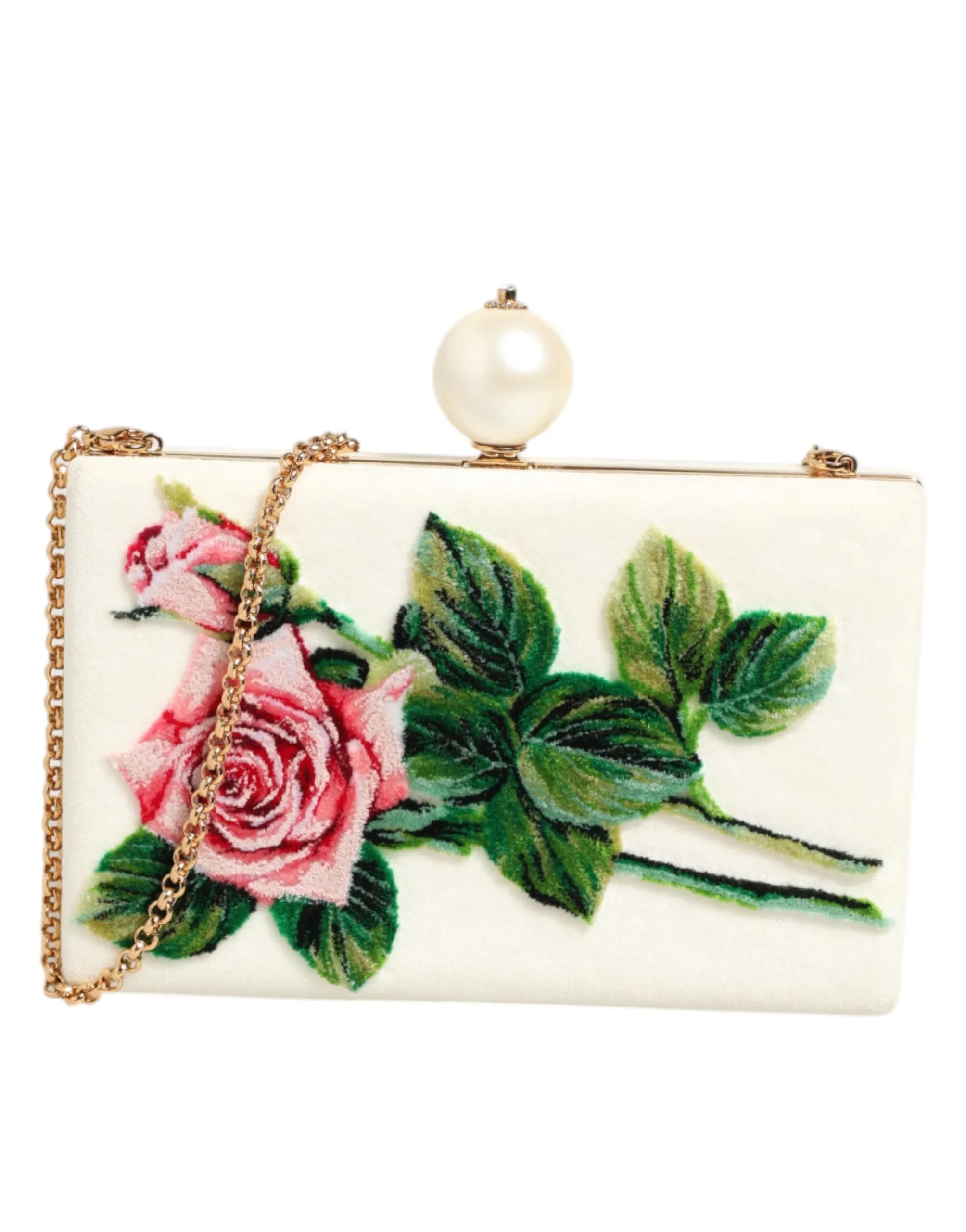 Dolce & Gabbana White Rose Embroidery Silk Gold Frame Clutch Purse Bag sold by Siebentaschen product image thumbnail 2