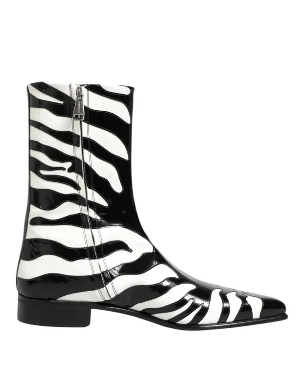 Dolce & Gabbana Black White Zebra Leather Mid Calf Boots Shoes sold by Siebentaschen