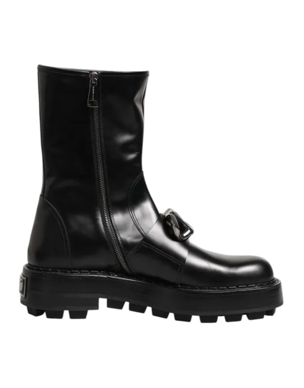 Dolce & Gabbana Black Logo Plaque Mid Calf Biker Boots Shoes sold by Siebentaschen