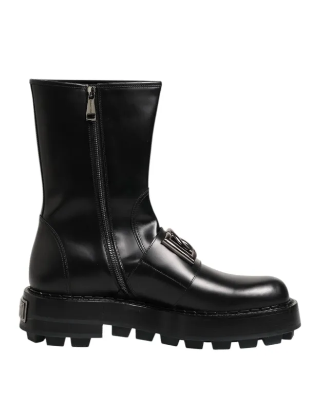 Dolce & Gabbana Black Logo Plaque Mid Calf Biker Boots Shoes sold by Siebentaschen