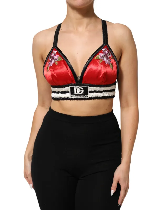 Dolce & Gabbana Red Satin Floral Embroidered Bralette Crop Top sold by Siebentaschen