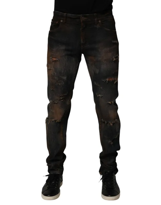 Dolce & Gabbana Black Cotton Skinny Tattered Men Denim Jeans made by Siebentaschen