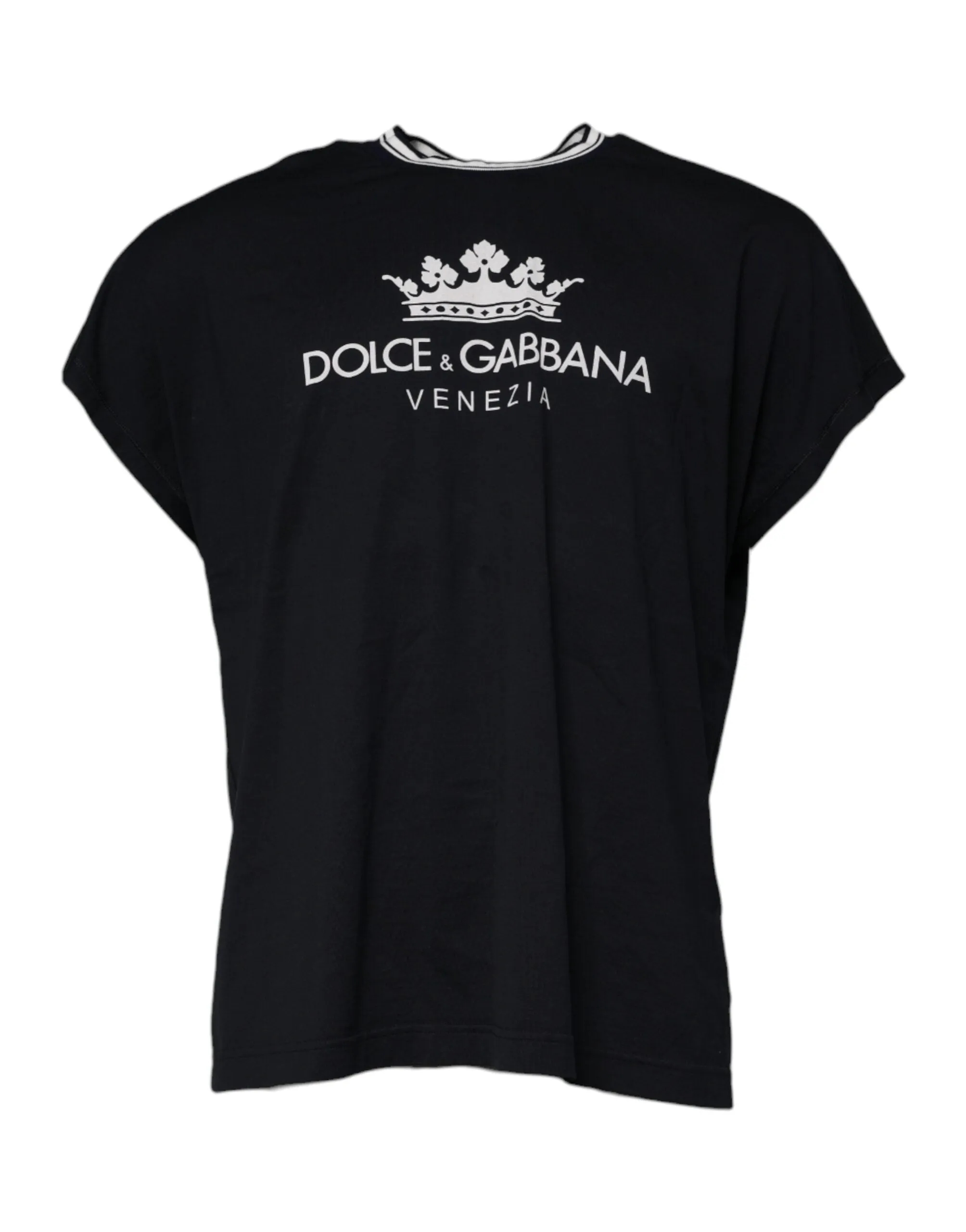 Dolce & Gabbana Dark Blue Cotton Crown Logo Crew Neck T-shirt sold by Siebentaschen