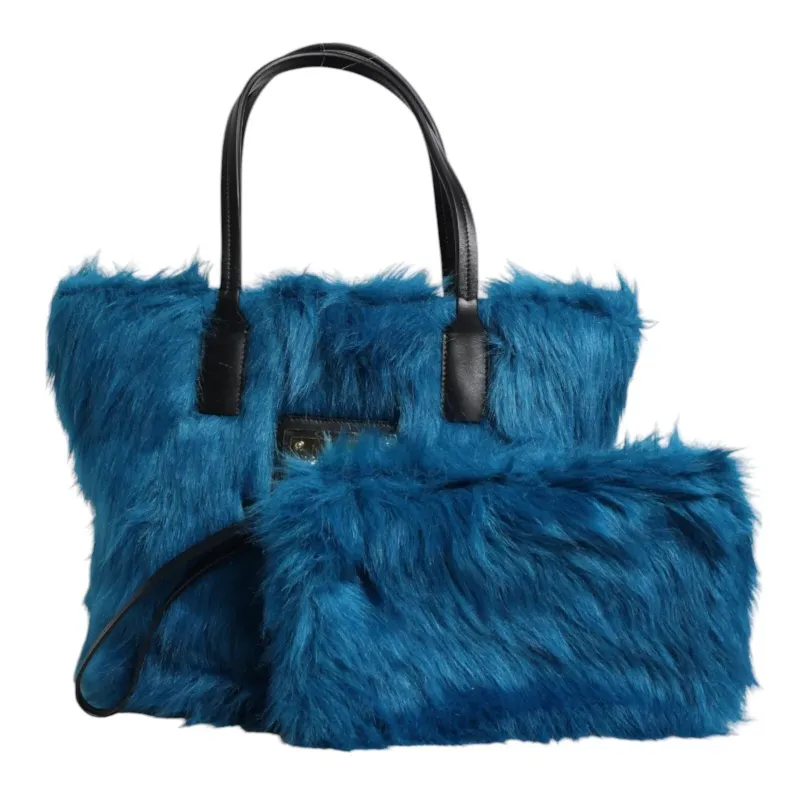Dolce & Gabbana Blue Fur Logo Plaque Double Handle Shoulder Bag sold by Siebentaschen