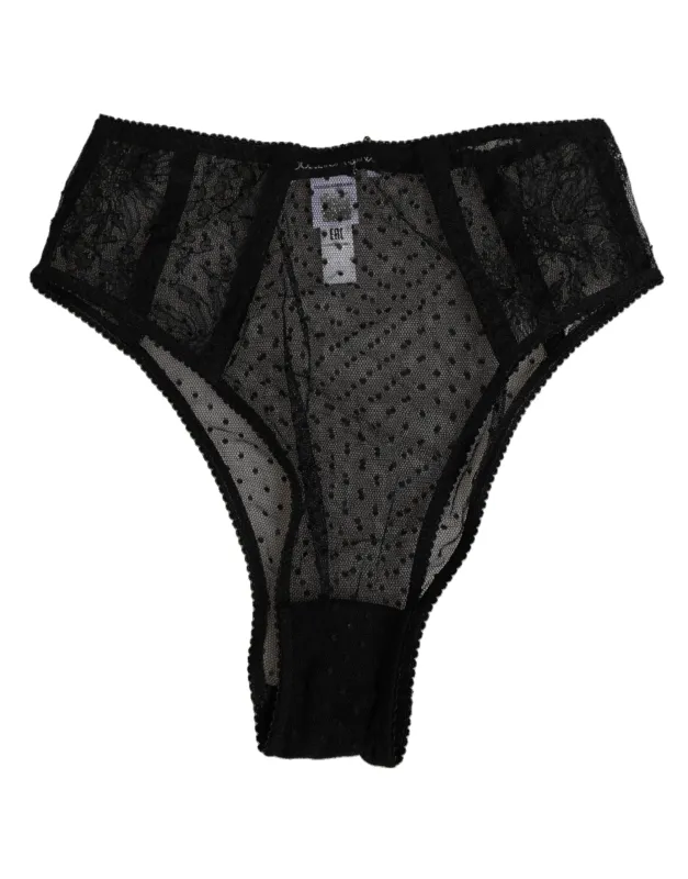 Dolce & Gabbana Black Lace Polka Dot Mesh High Waist Underwear sold by Siebentaschen