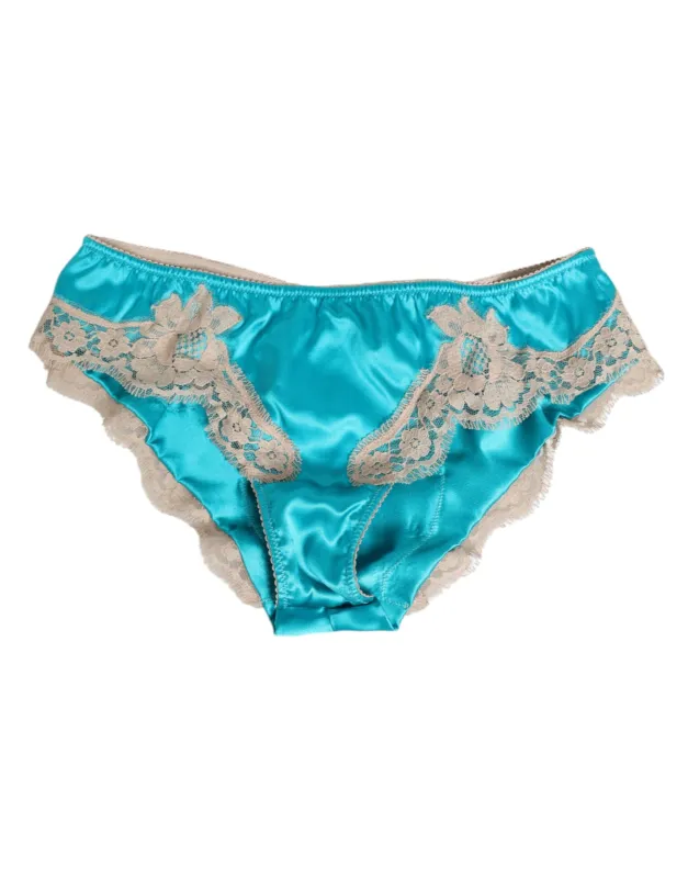 Dolce & Gabbana Blue Silk Satin Floral Lace Trim New Slip Underwear sold by Siebentaschen