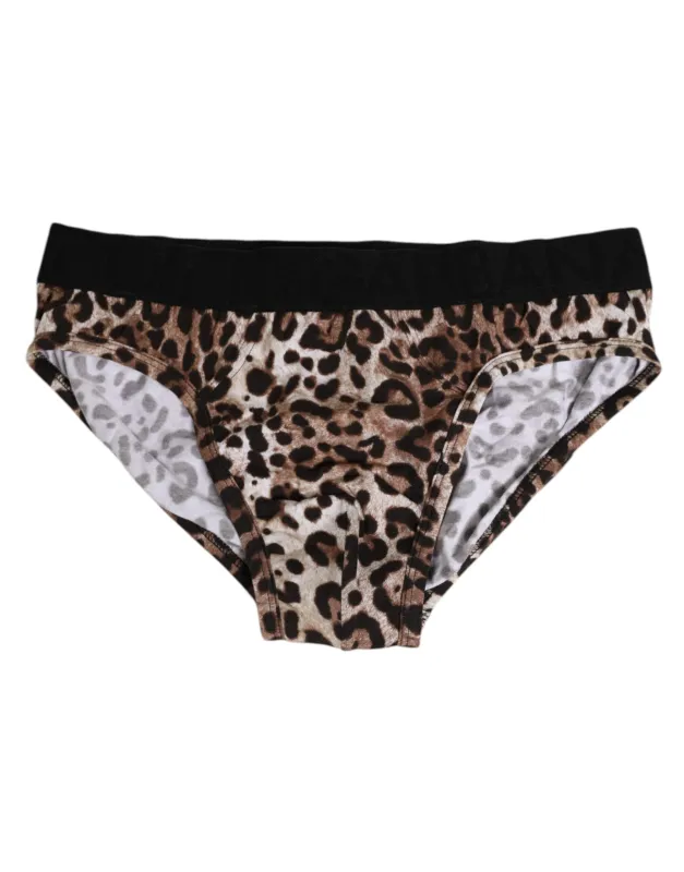Dolce & Gabbana Brown Cotton Leopard Logo Midi Brief Underwear sold by Siebentaschen