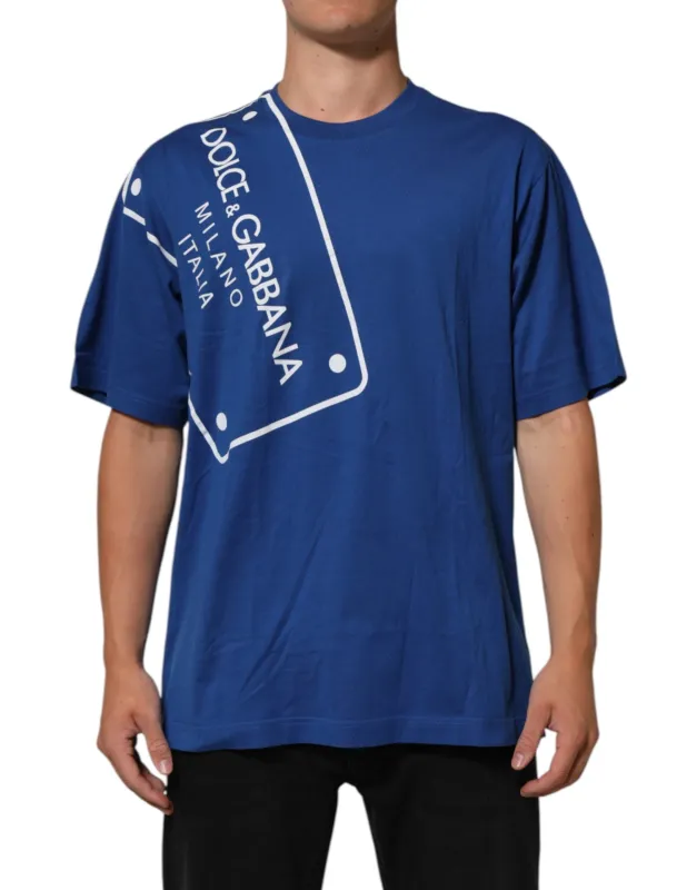 Dolce & Gabbana Blue Logo Print Cotton Crew Neck Men T-shirt sold by Siebentaschen