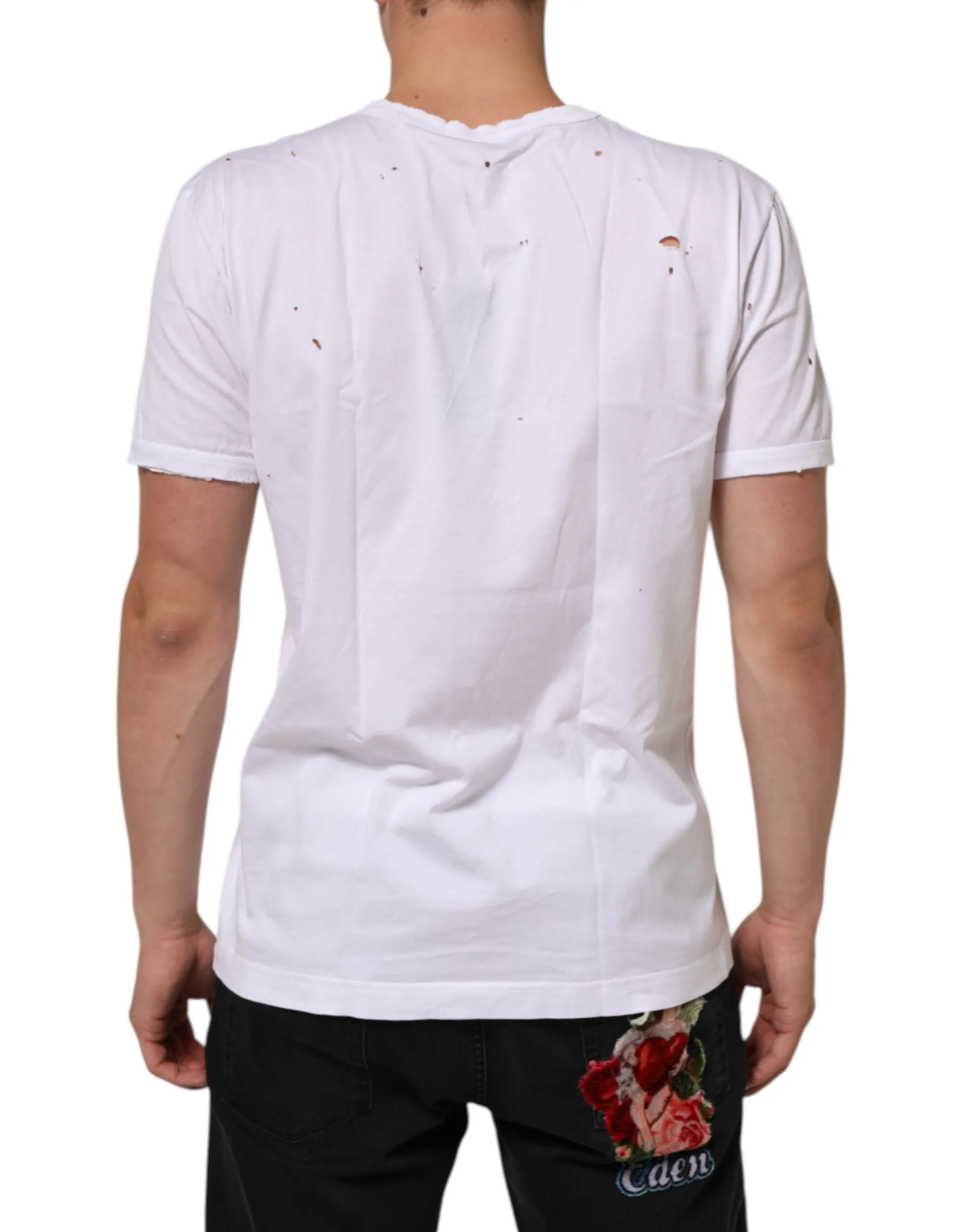 Dolce & Gabbana White Distressed Cotton V Neck Men T-shirt sold by Siebentaschen product image thumbnail 4