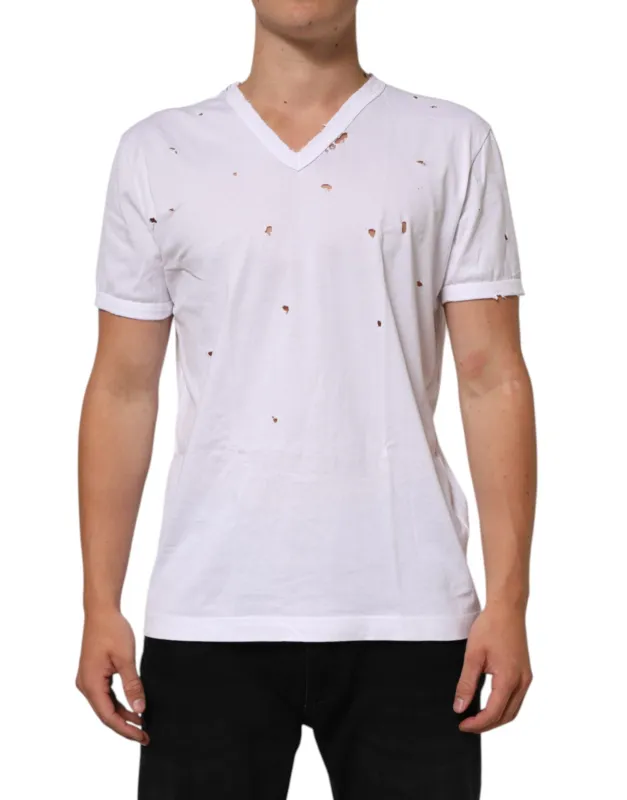 Dolce & Gabbana White Distressed Cotton V Neck Men T-shirt sold by Siebentaschen