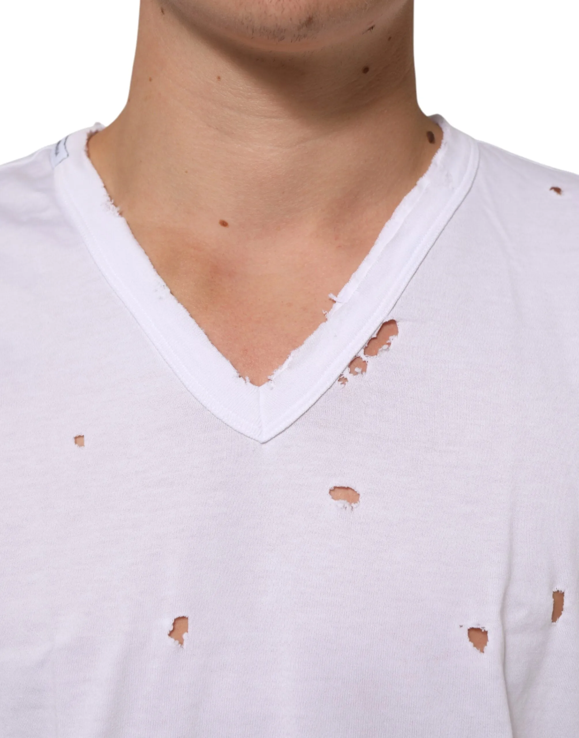 Dolce & Gabbana White Distressed Cotton V Neck Men T-shirt sold by Siebentaschen product image thumbnail 5