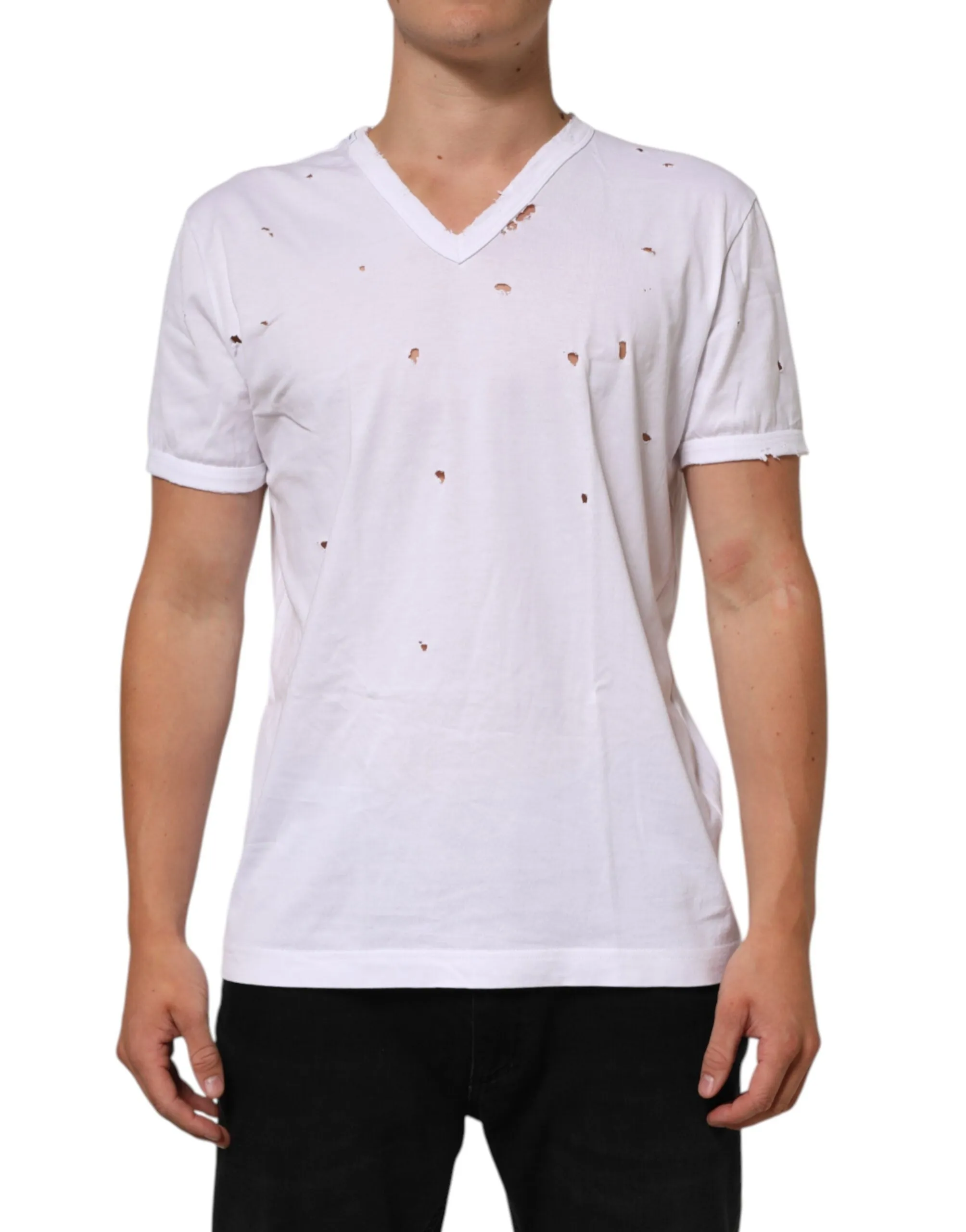 Dolce & Gabbana White Distressed Cotton V Neck Men T-shirt sold by Siebentaschen product image thumbnail 2