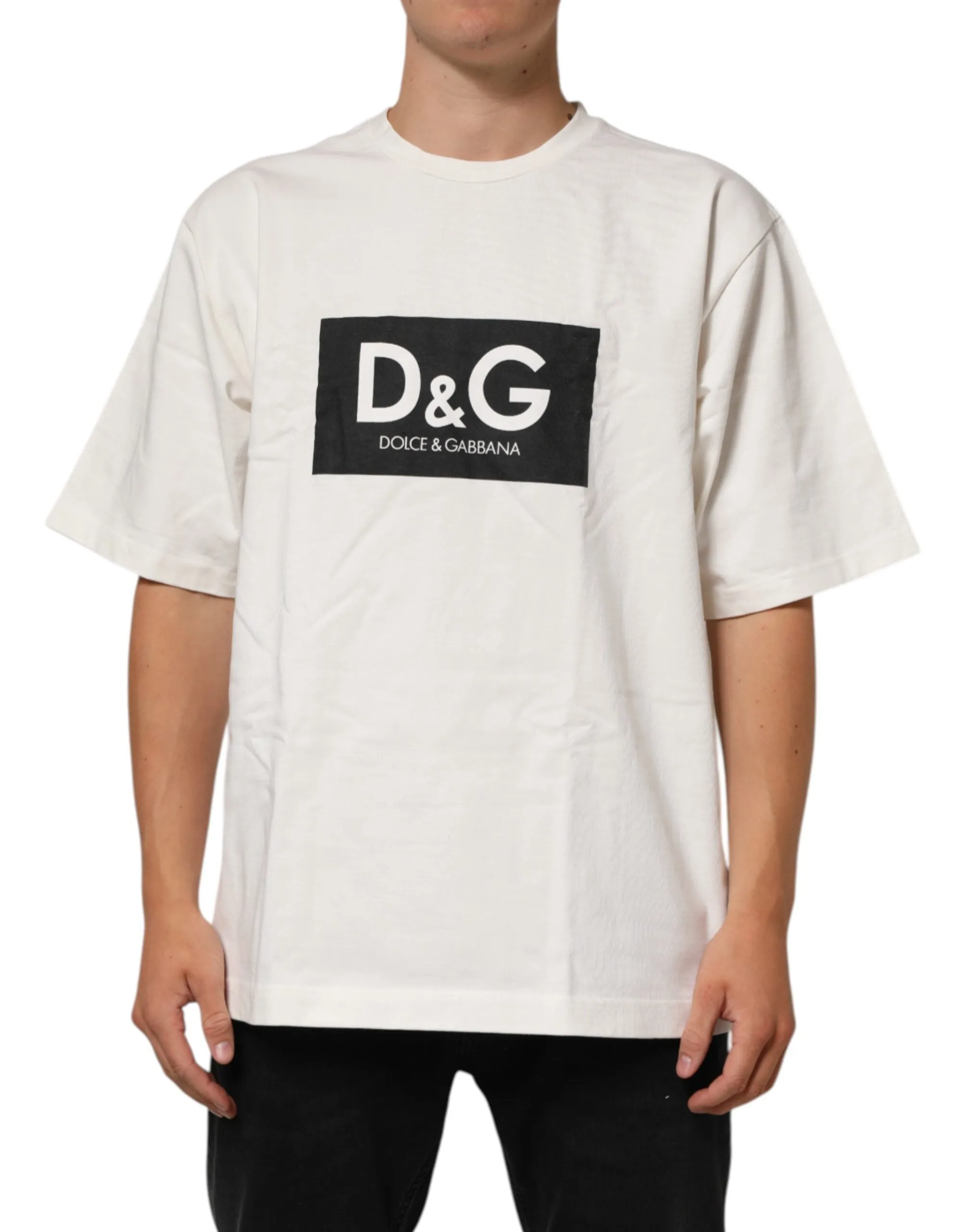 Dolce & Gabbana White Logo Print Cotton Crew Neck Men T-shirt sold by Siebentaschen