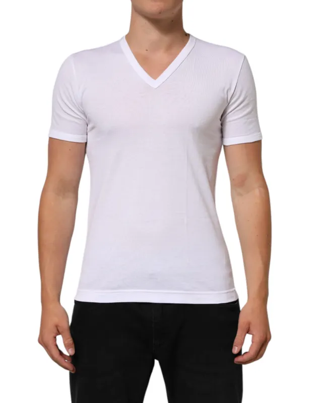 Dolce & Gabbana White Cotton V-Neck Short Sleeves T-shirt sold by Siebentaschen