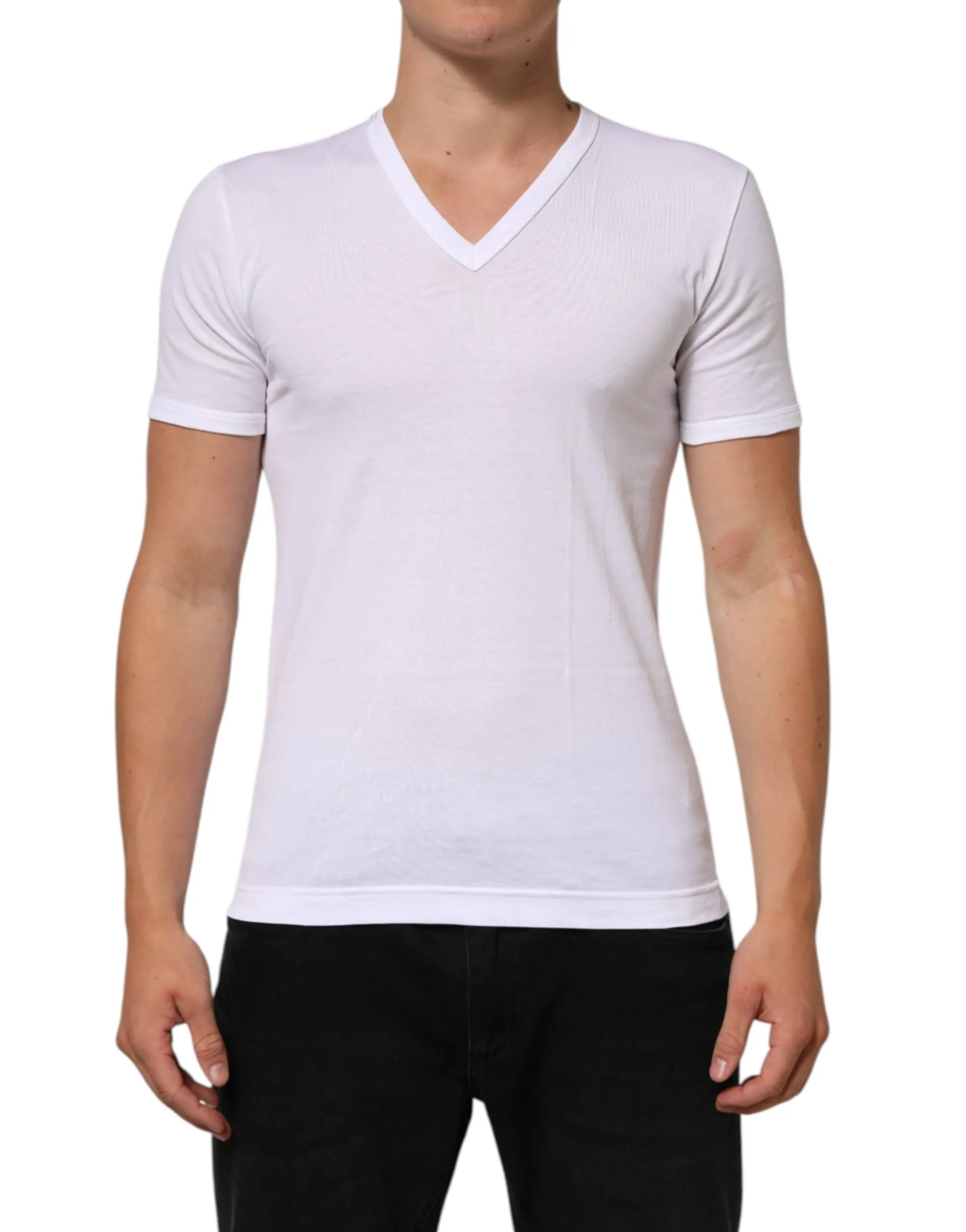 Dolce & Gabbana White Cotton V-Neck Short Sleeves T-shirt sold by Siebentaschen product image thumbnail 2