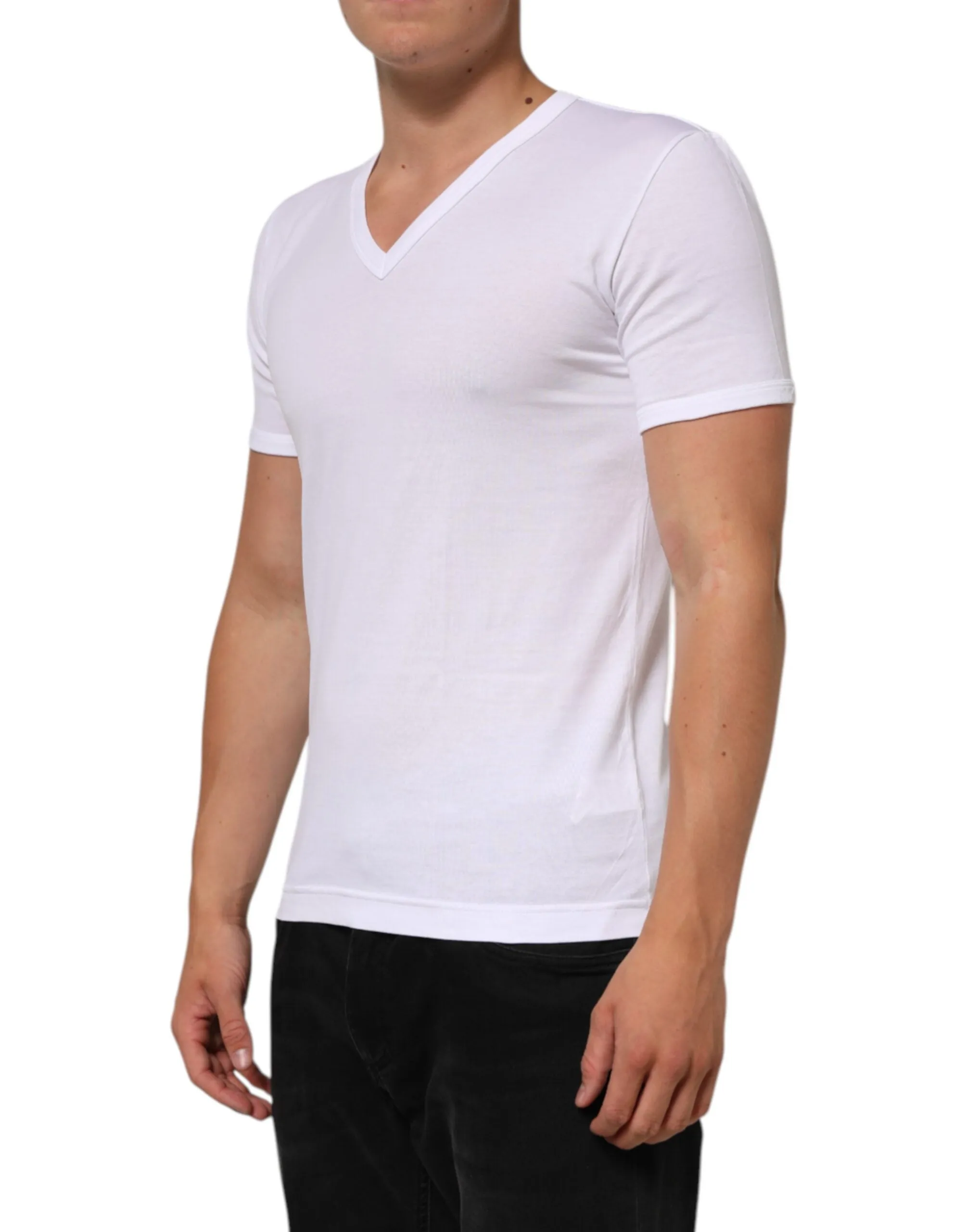 Dolce & Gabbana White Cotton V-Neck Short Sleeves T-shirt sold by Siebentaschen product image thumbnail 3