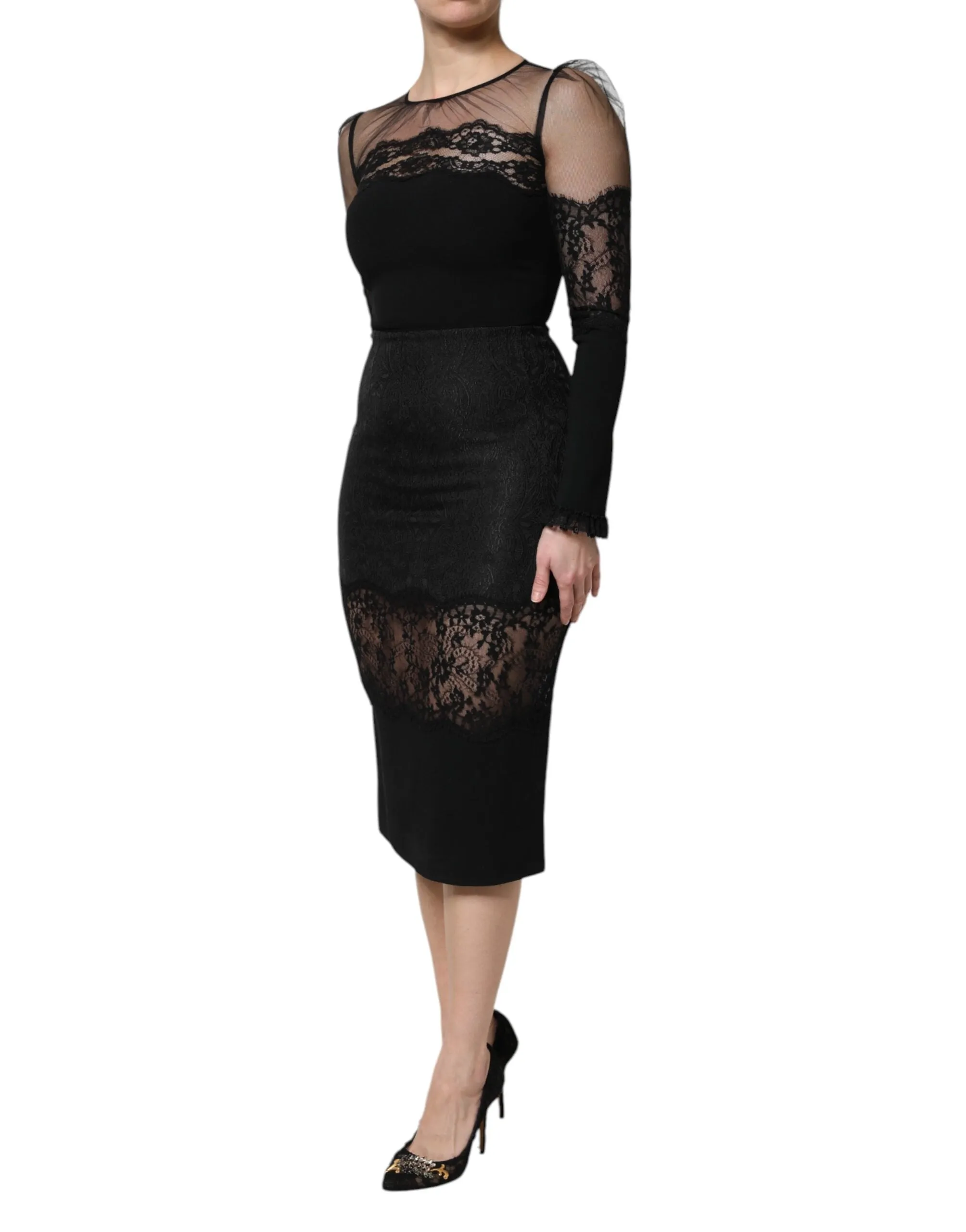 Dolce & Gabbana Black Lace Trim Nylon Tulle SheathMidi Dress sold by Siebentaschen product image thumbnail 3
