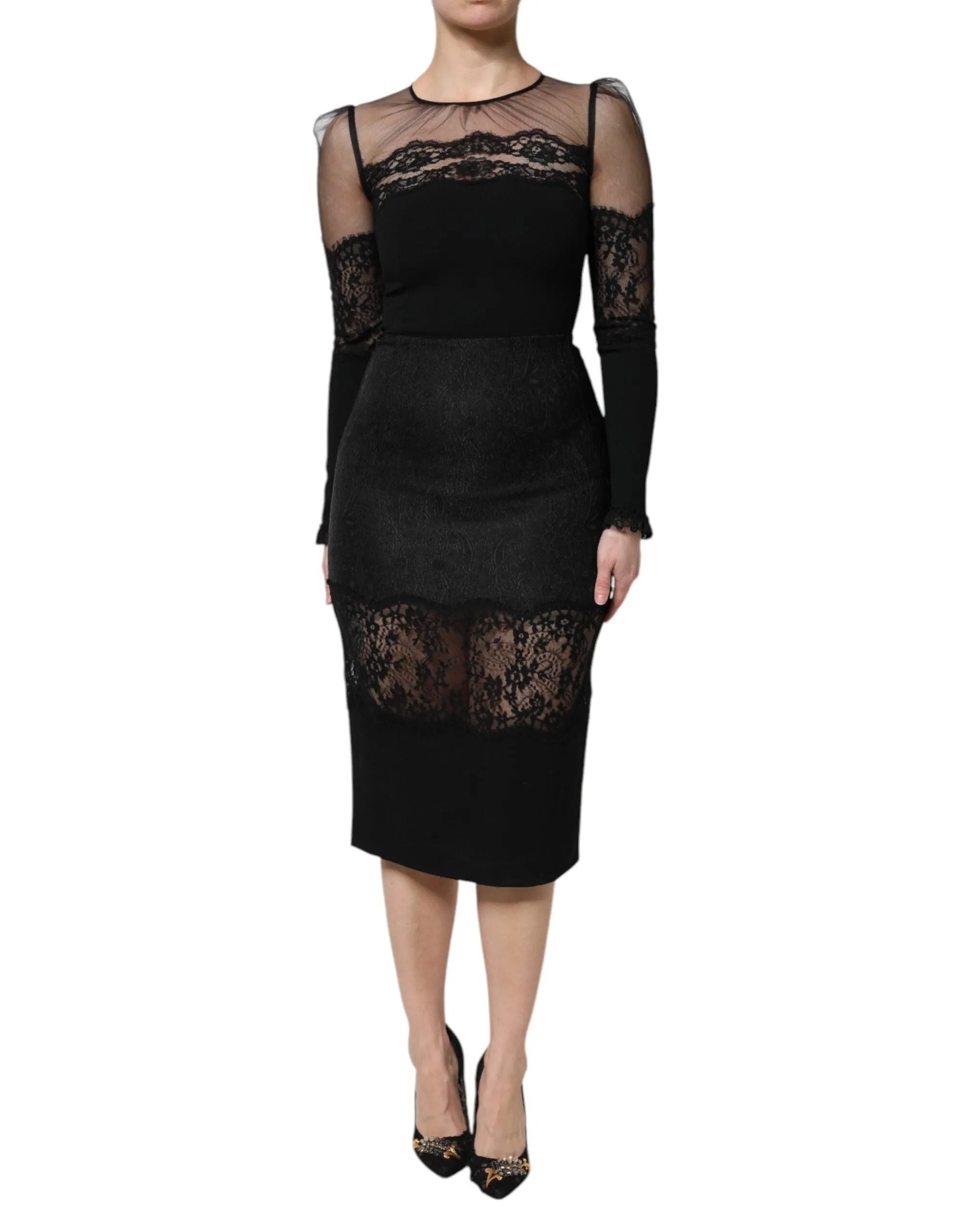 Dolce & Gabbana Black Lace Trim Nylon Tulle SheathMidi Dress sold by Siebentaschen