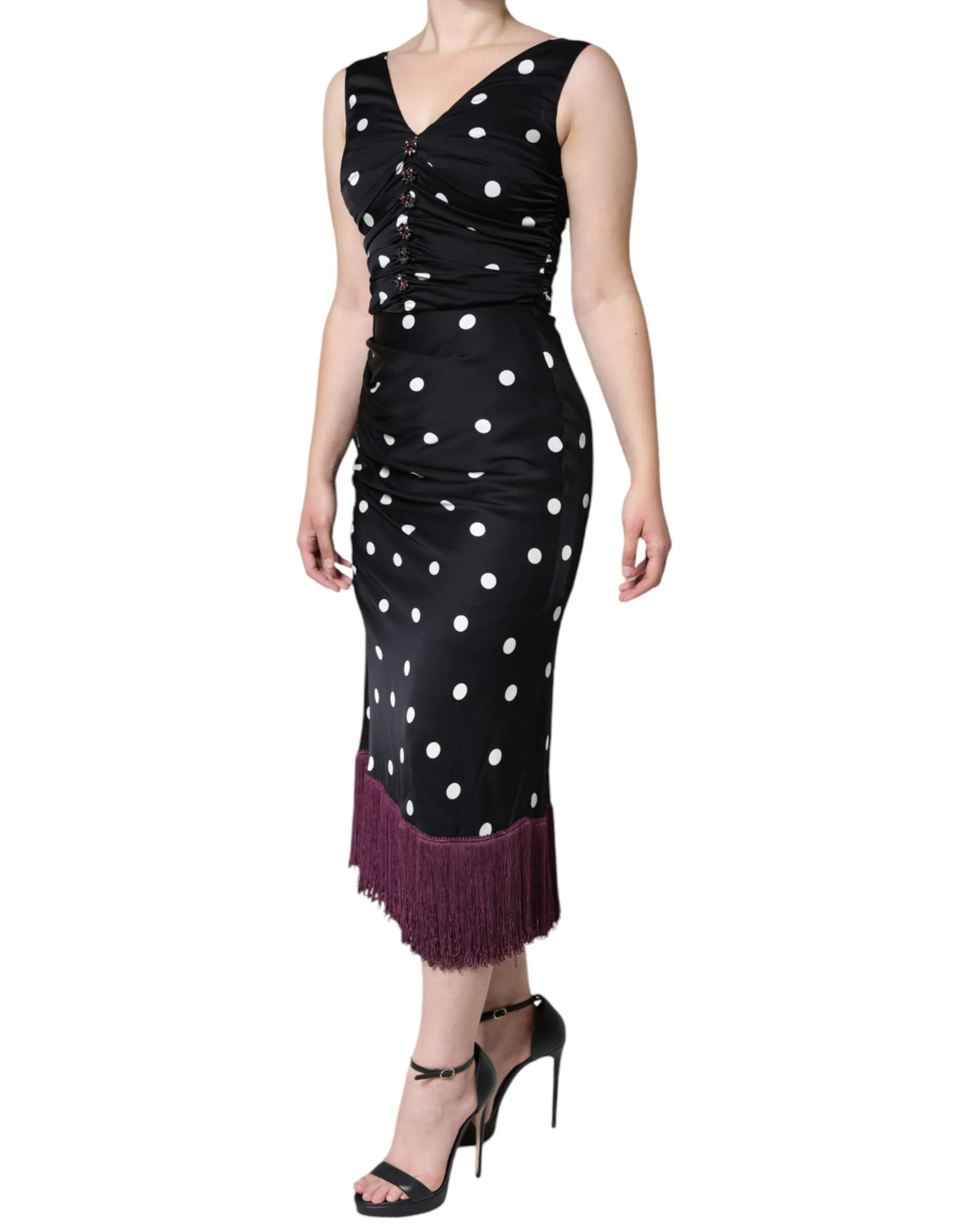 Dolce & Gabbana Black Silk Polka Dot Vneck Tassel Midi Dress sold by Siebentaschen product image thumbnail 3
