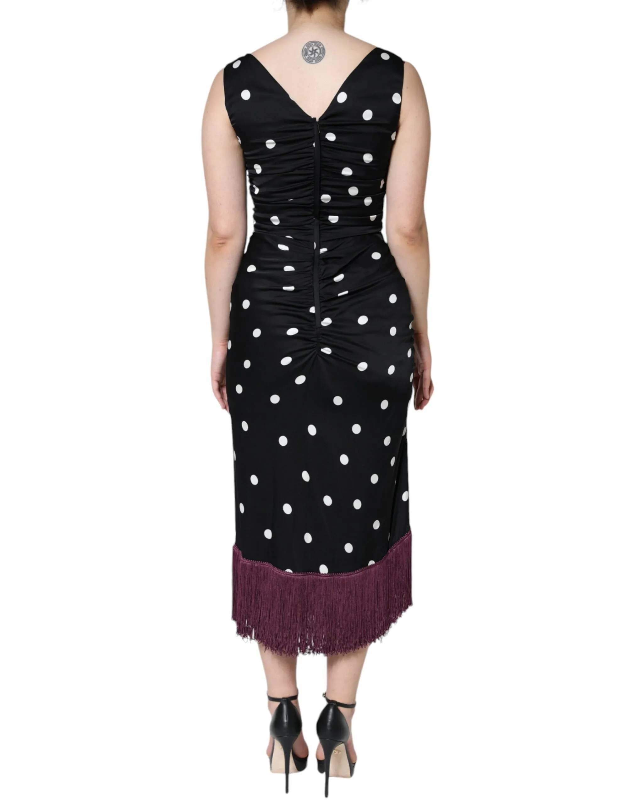 Dolce & Gabbana Black Silk Polka Dot Vneck Tassel Midi Dress sold by Siebentaschen product image thumbnail 4