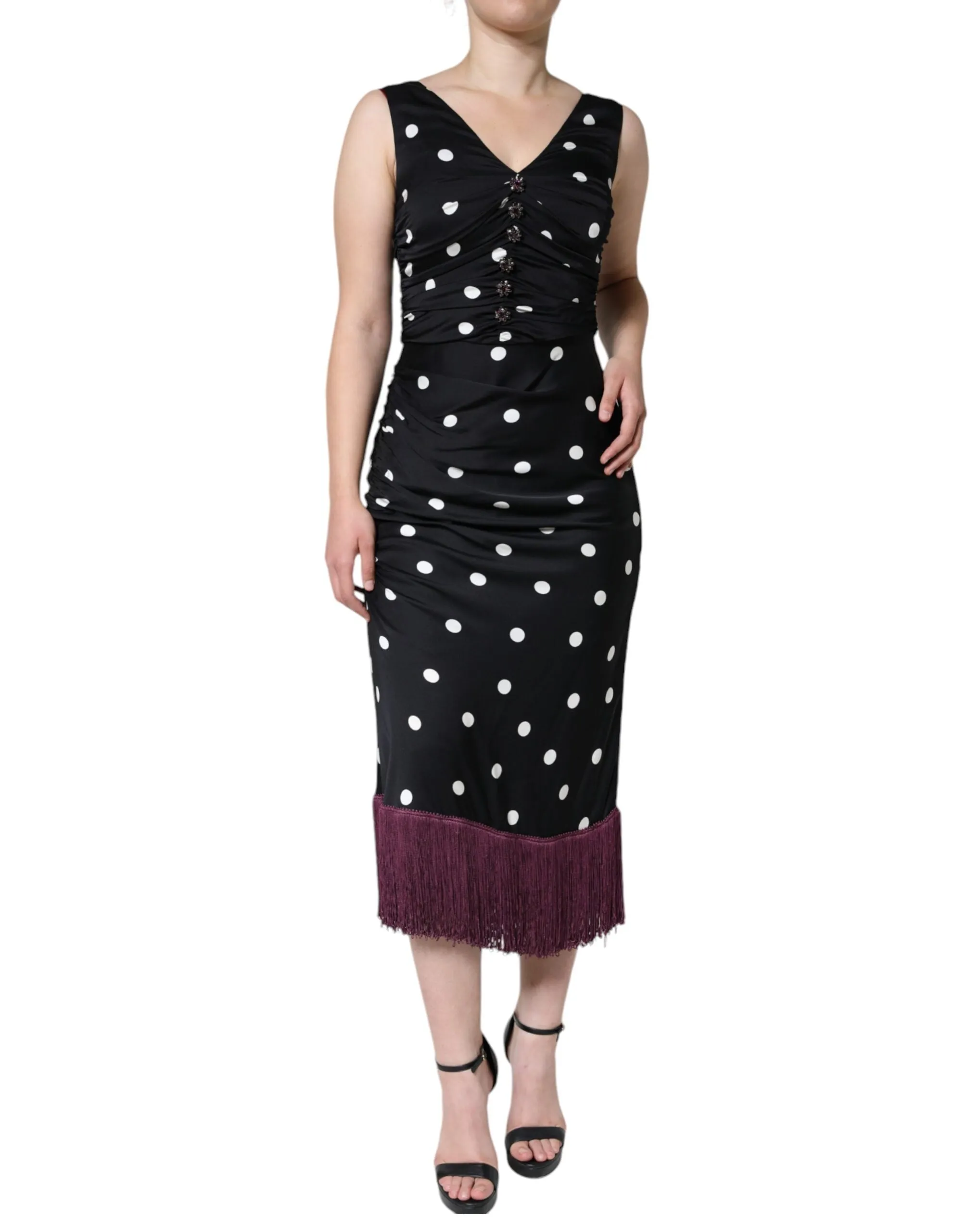 Dolce & Gabbana Black Silk Polka Dot Vneck Tassel Midi Dress sold by Siebentaschen product image thumbnail 2