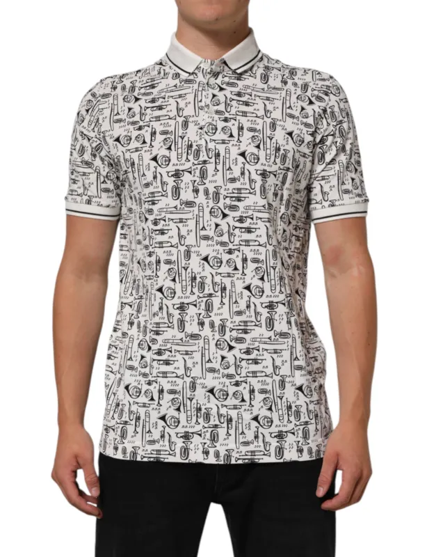 Dolce & Gabbana White Musical Print Collared Polo T-shirt sold by Siebentaschen