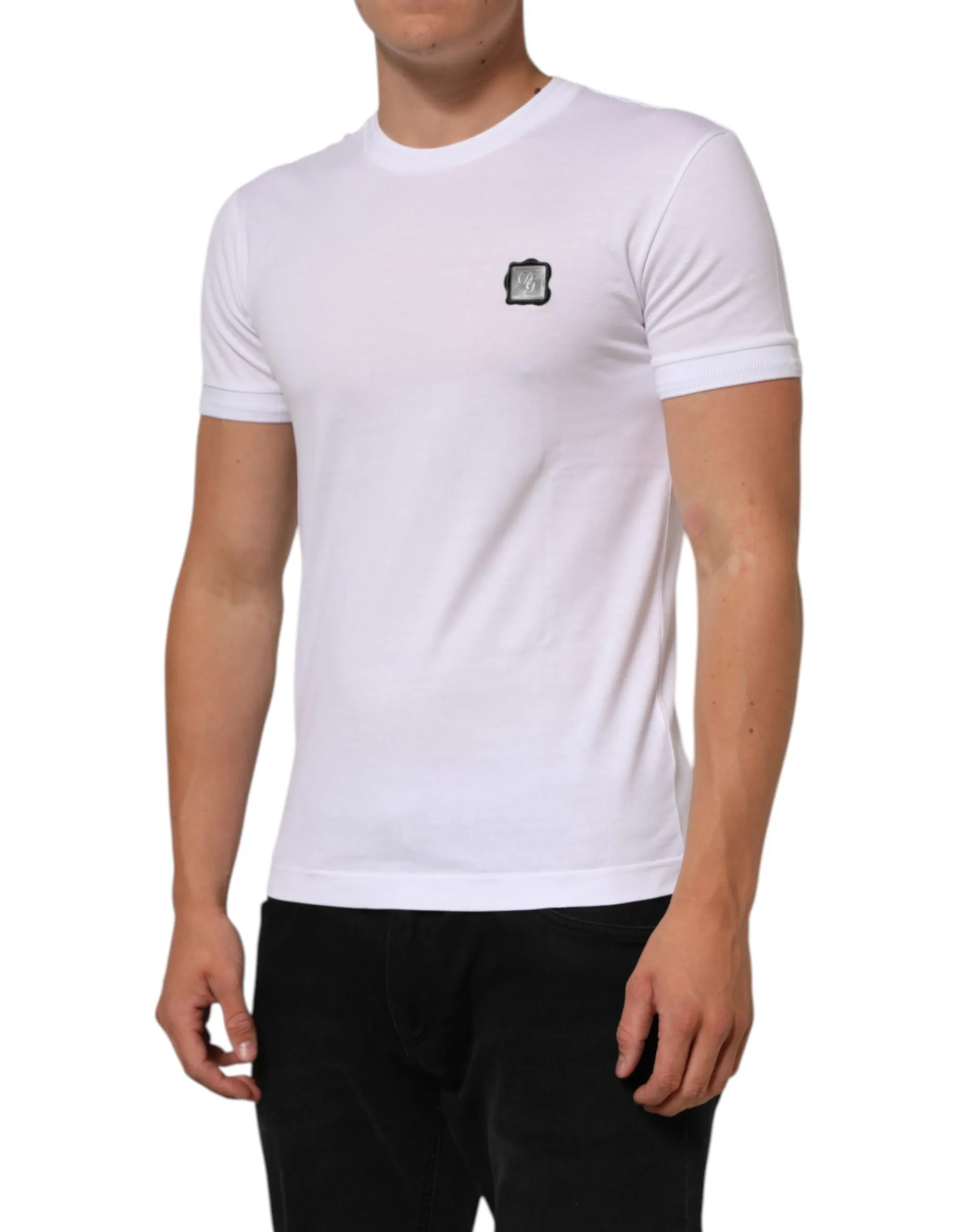 Dolce & Gabbana White Cotton Logo Patch Crew Neck T-shirt sold by Siebentaschen product image thumbnail 3