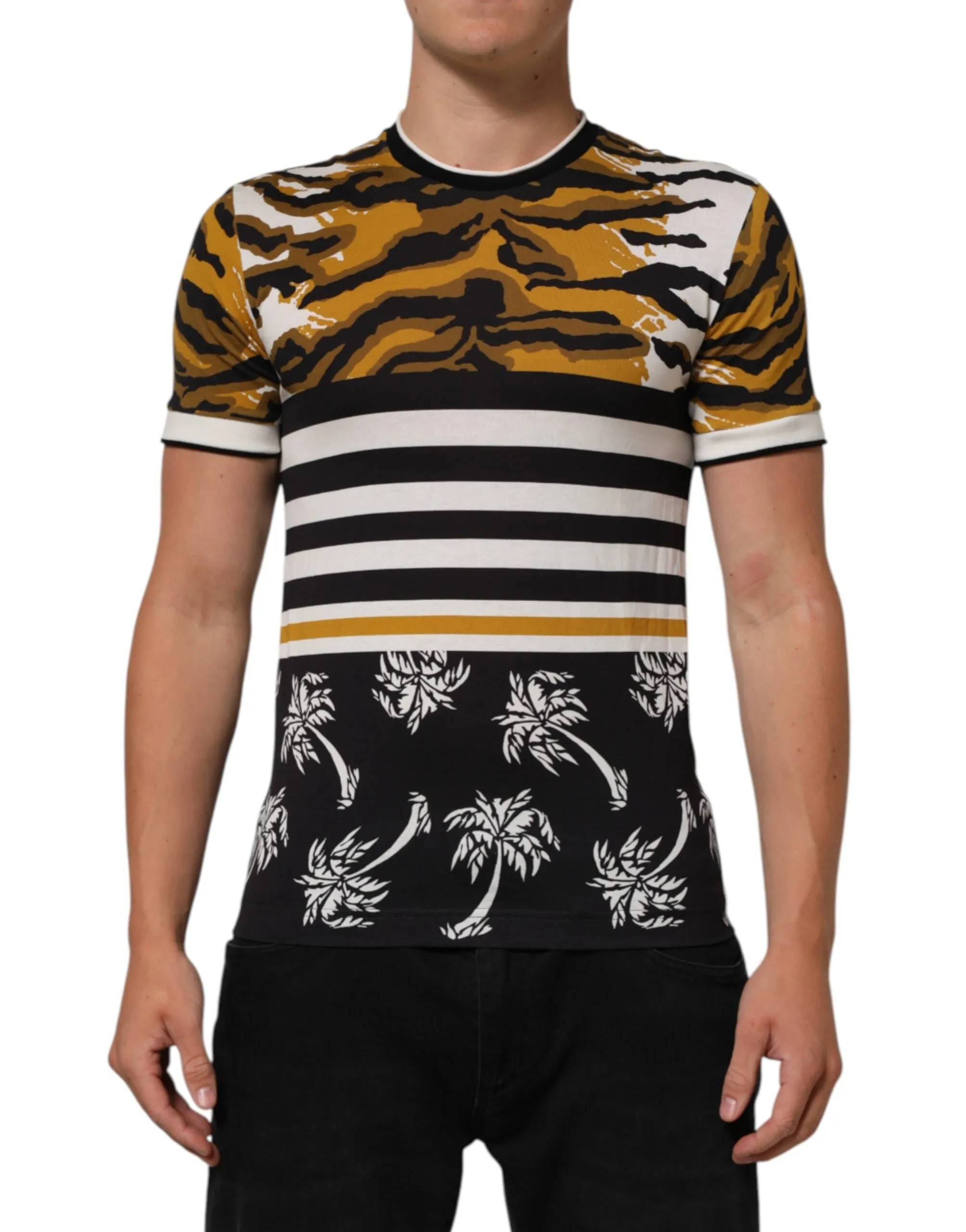Dolce & Gabbana Multicolor Leopard Palm Leaf Men Crew Neck T-shirt sold by Siebentaschen