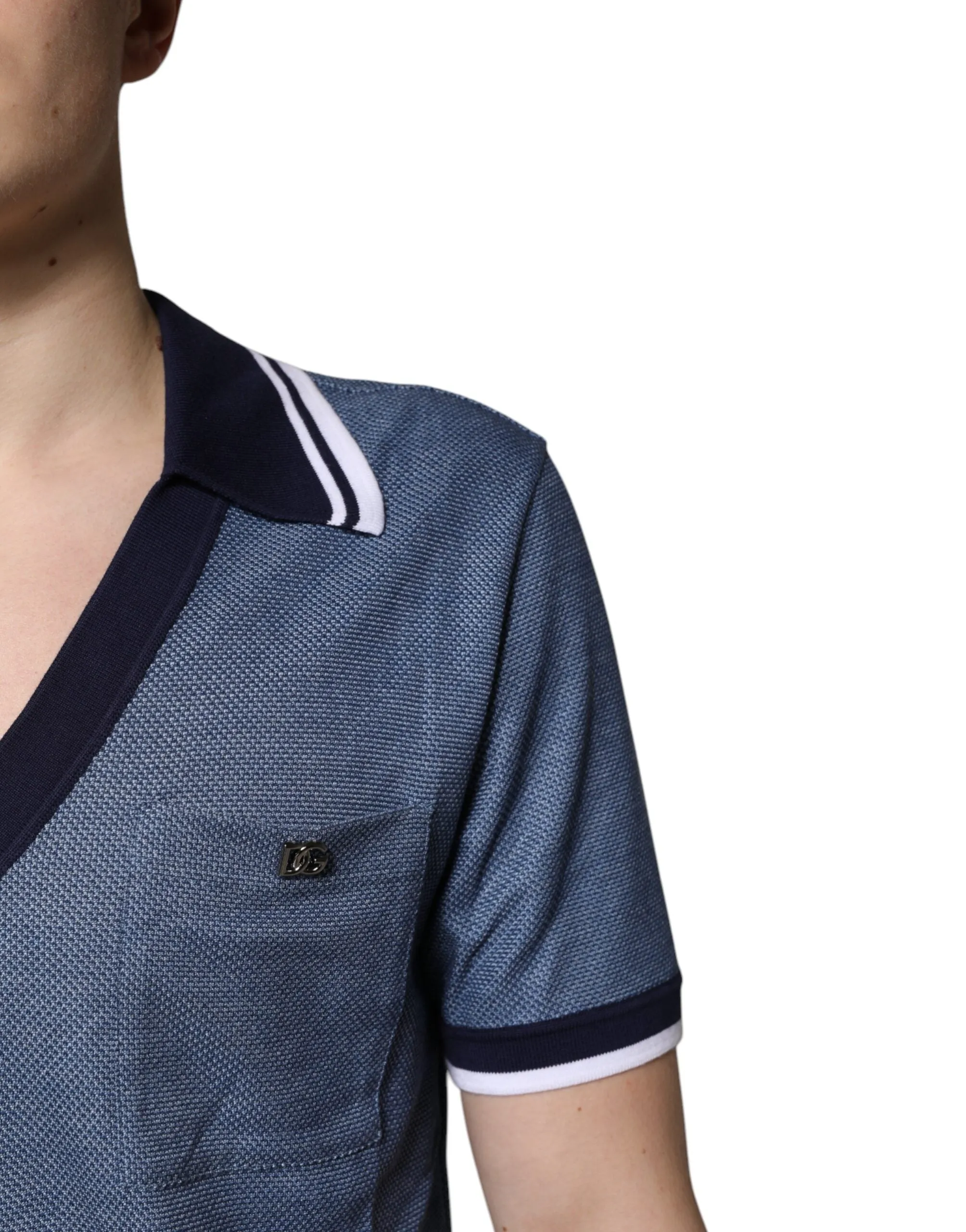Dolce & Gabbana Blue Collared V-neck Silk Blend Polo T-shirt sold by Siebentaschen product image thumbnail 5