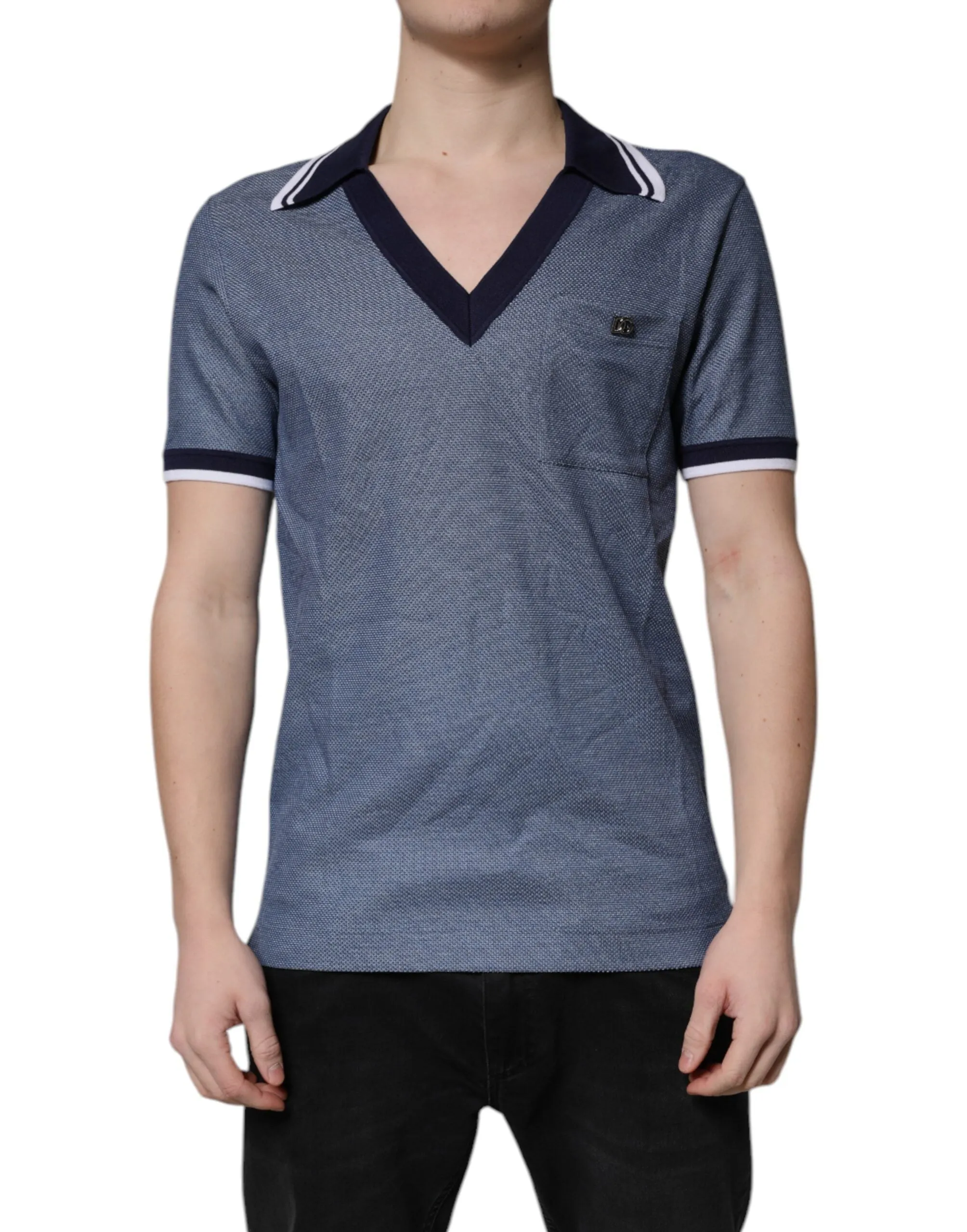 Dolce & Gabbana Blue Collared V-neck Silk Blend Polo T-shirt sold by Siebentaschen