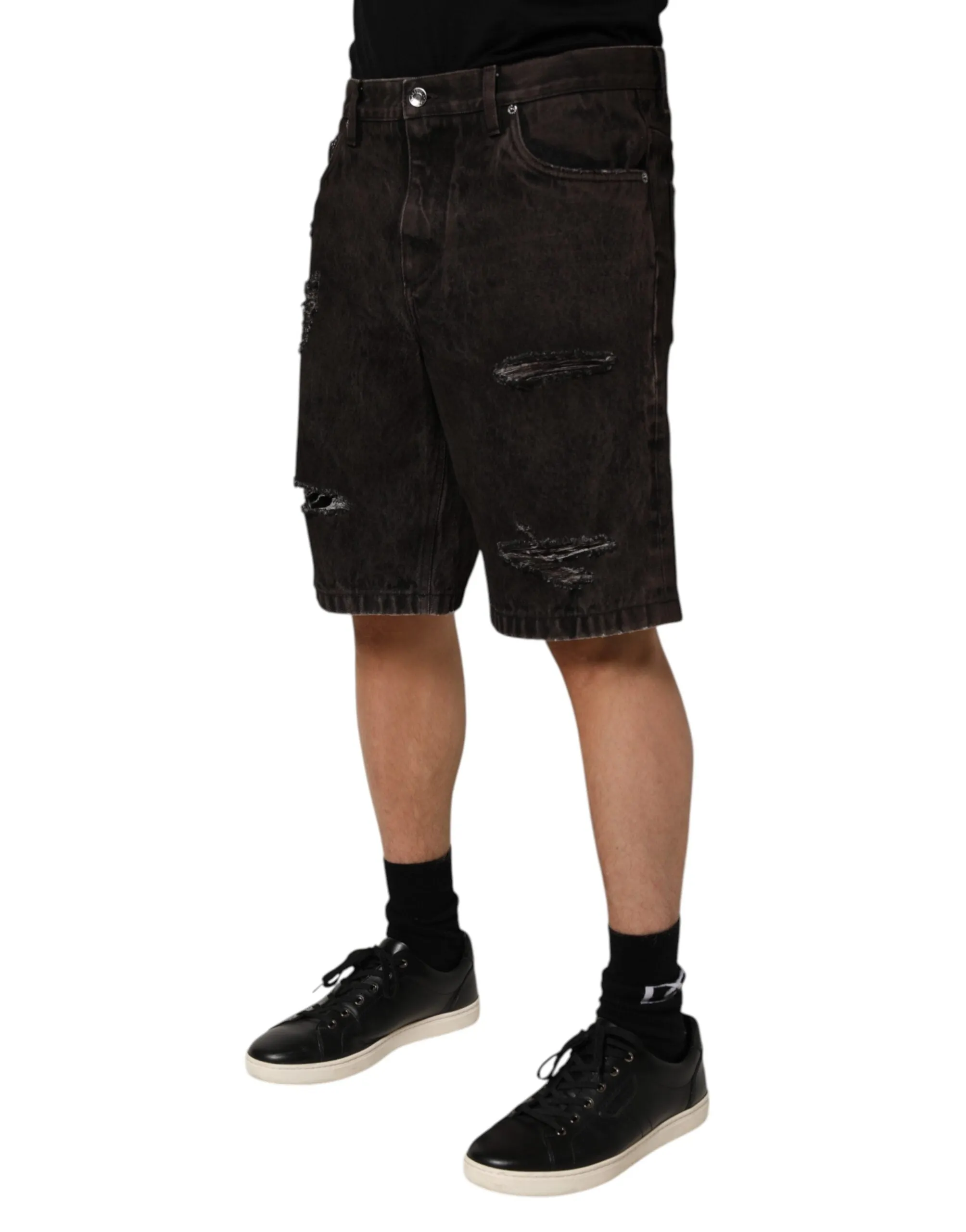 Dolce & Gabbana Black Cotton Tattered Denim Men Bermuda Short sold by Siebentaschen product image thumbnail 3